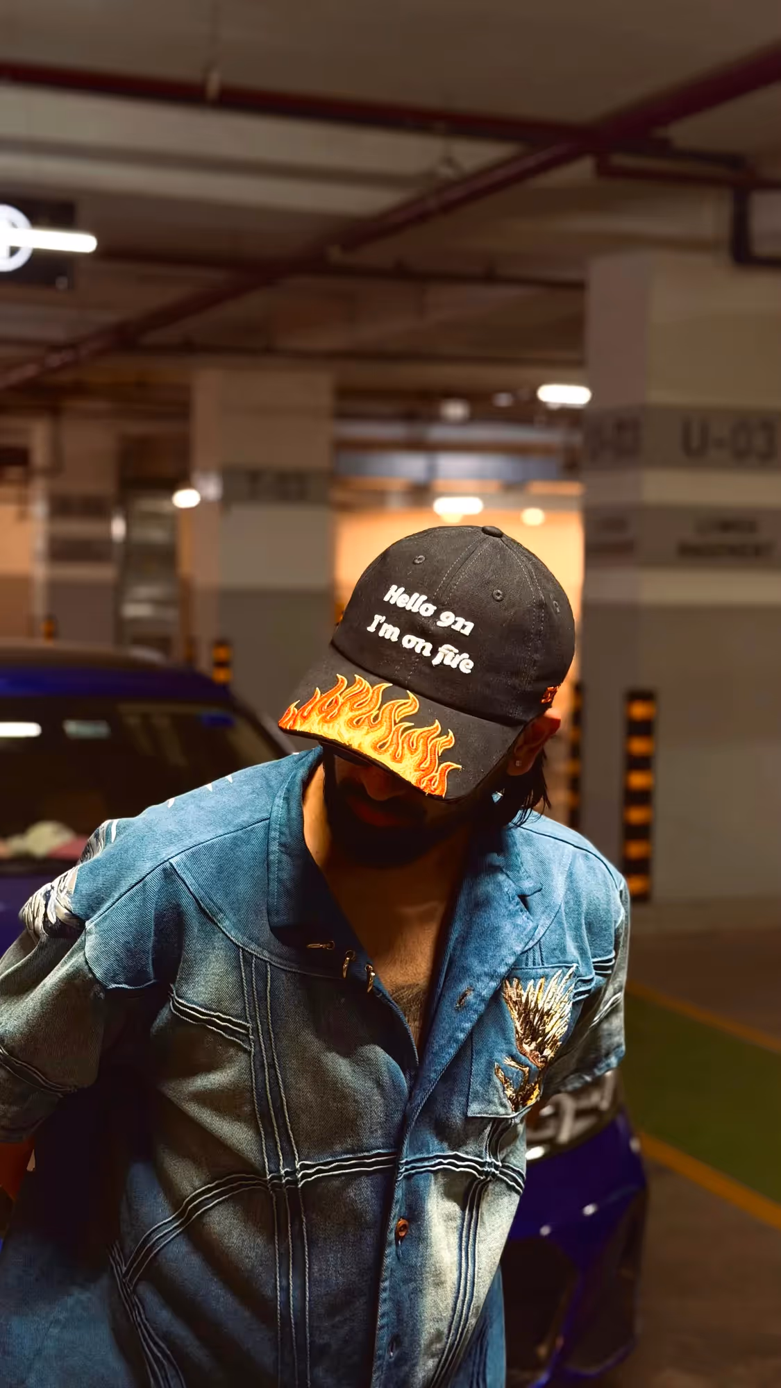 Hello 911 I'm On Fire Black Cotton Baseball Cap image 2