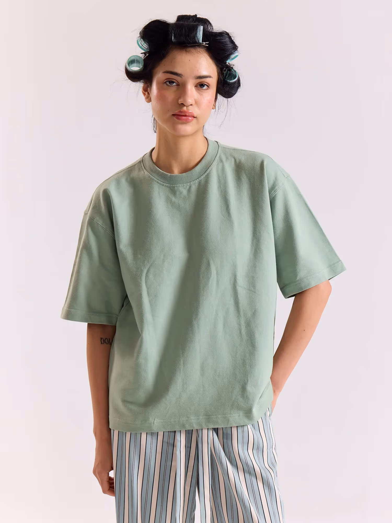Aqua Green Loose Fit Cropped T-Shirt image 4