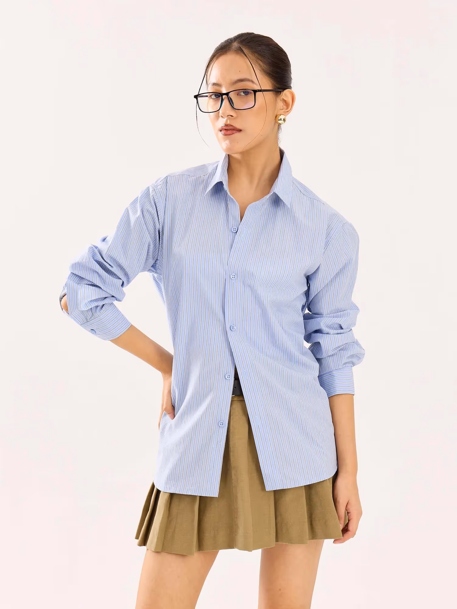 Baby Blue & Olive Striped Poplin Shirt  image 4
