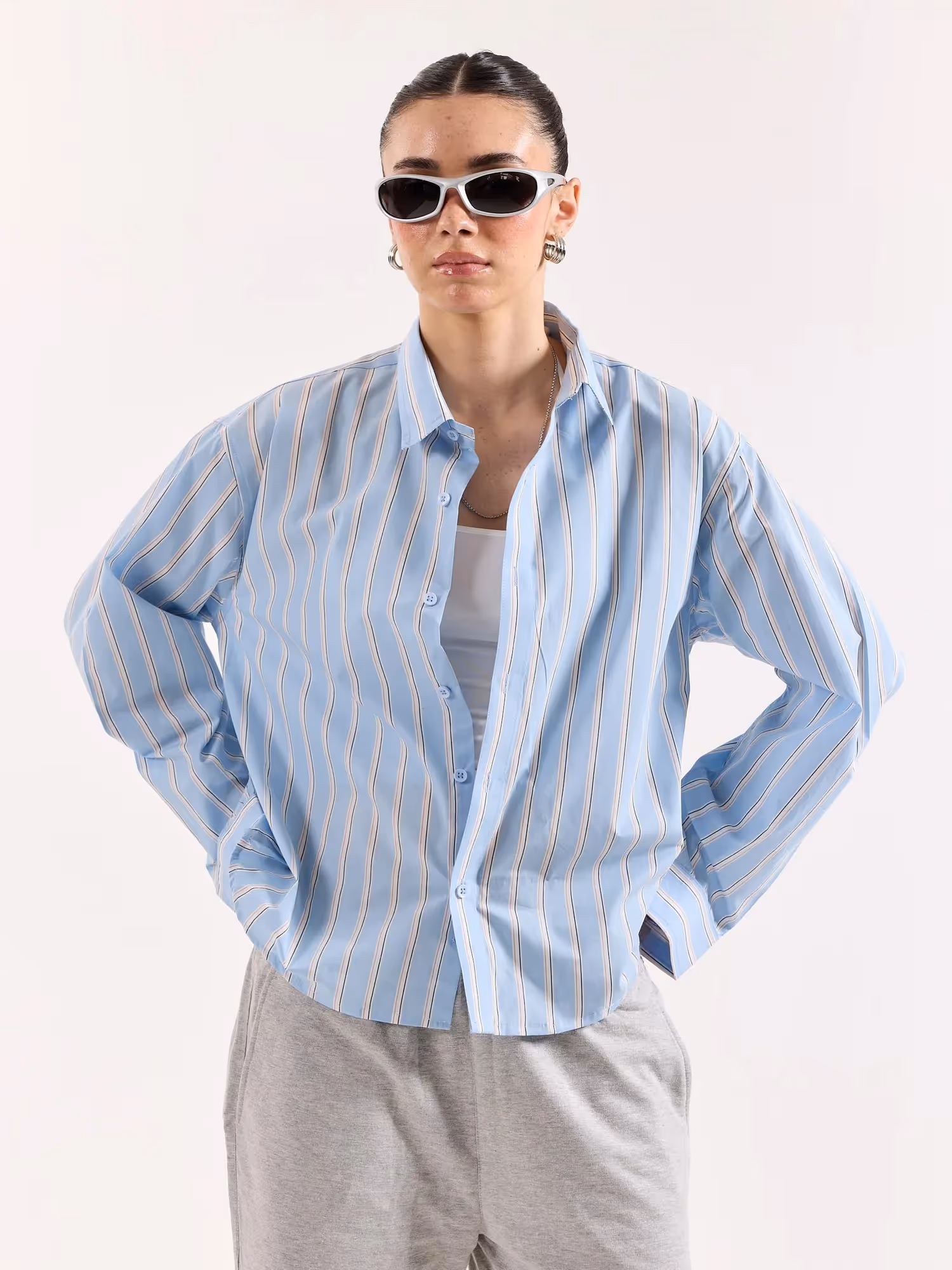 Baby Blue & White Striped Poplin Oversized Shirt image 4