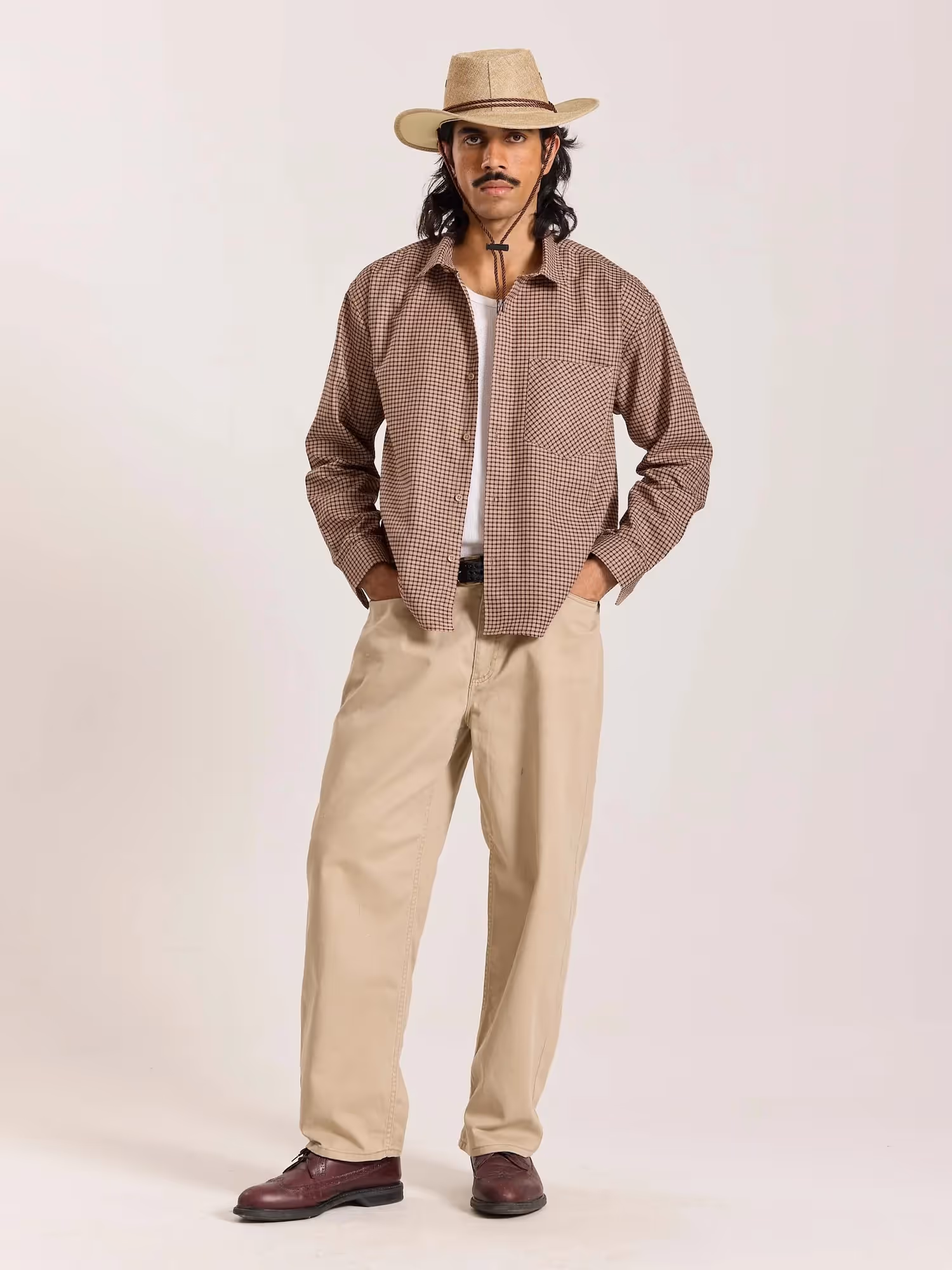 Beige and Maroon Checkered Oversized Cropped Shirt image 1