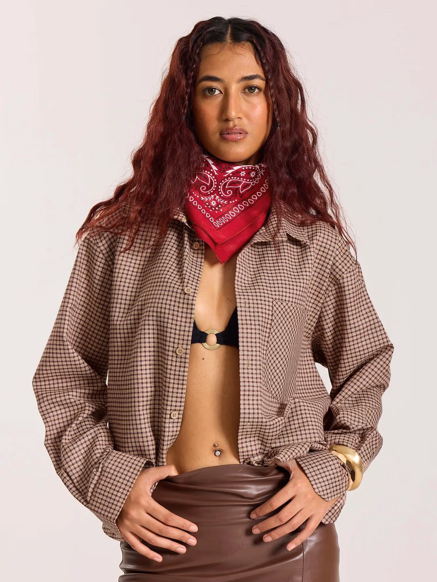 Beige and Maroon Checkered Oversized Cropped Shirt image 4