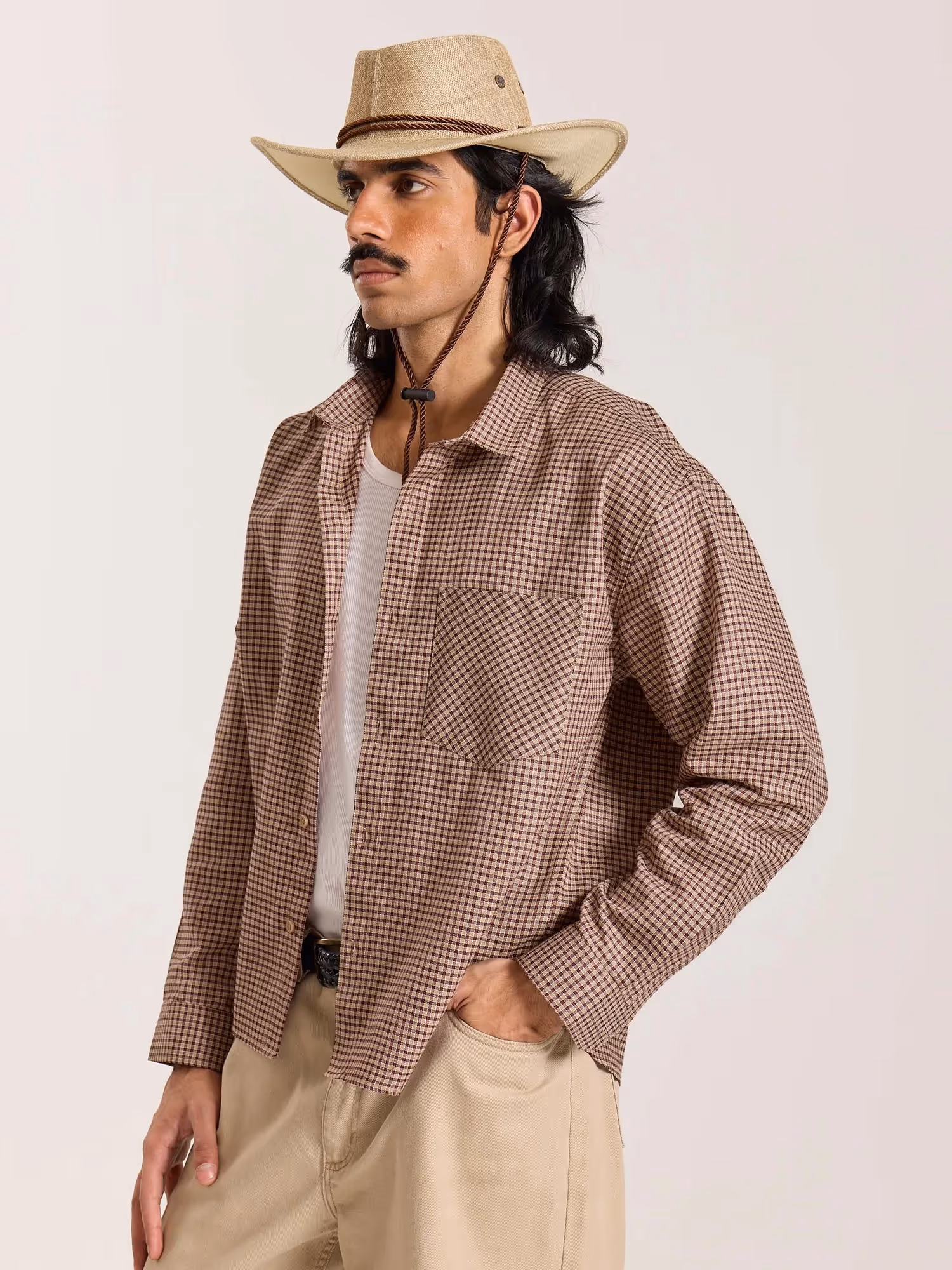 Beige and Maroon Checkered Oversized Cropped Shirt image 6