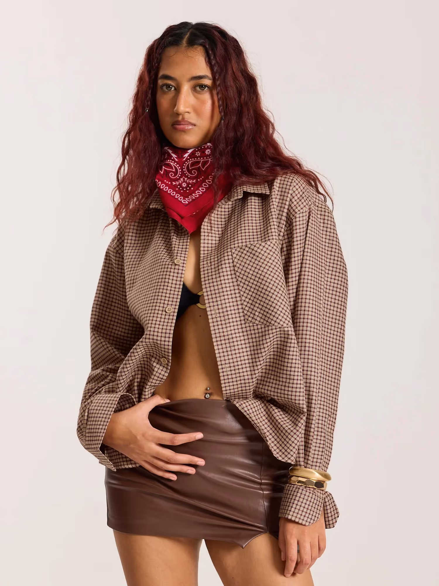 Beige and Maroon Checkered Oversized Cropped Shirt image 7