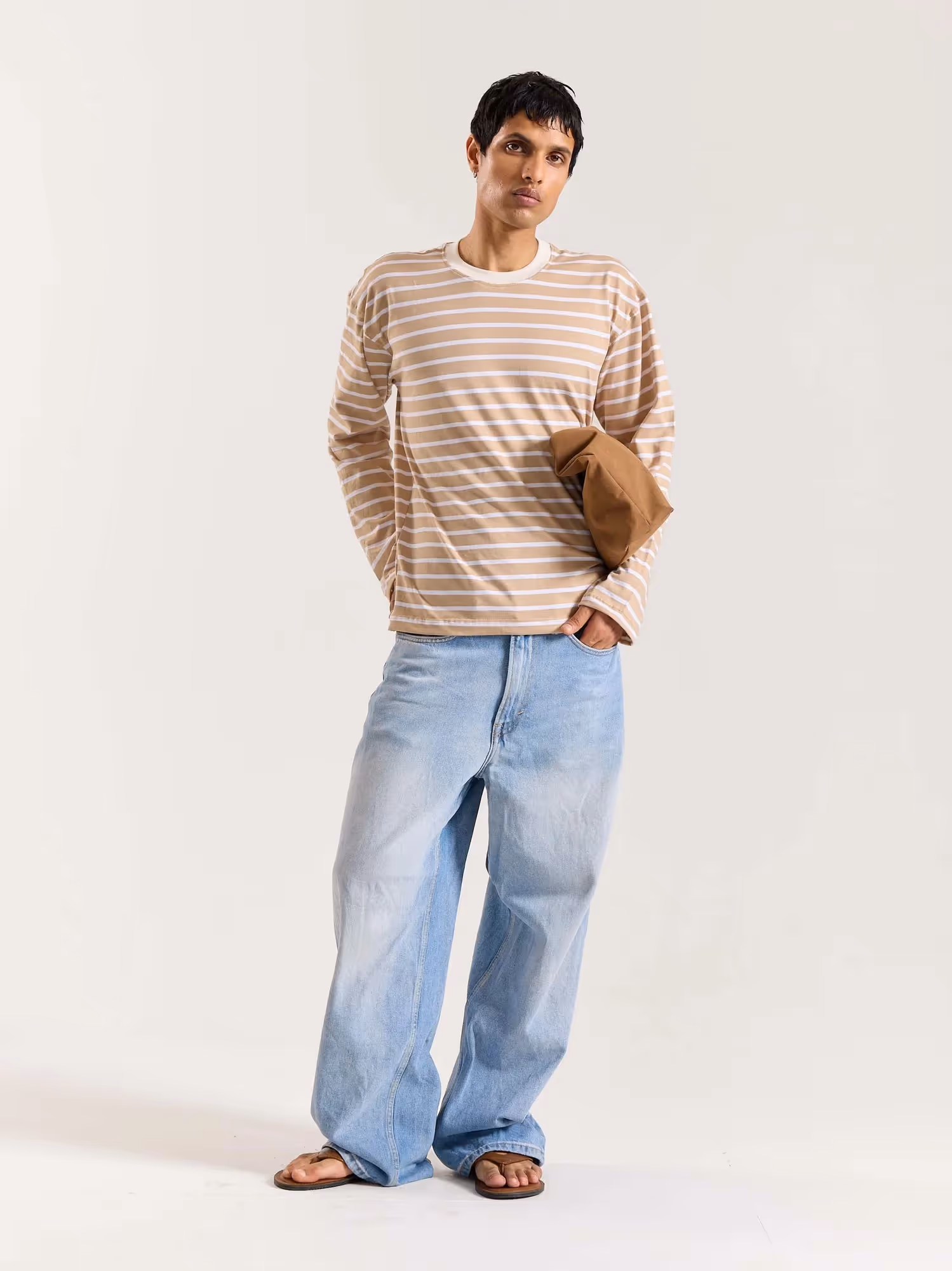 Beige and White Striped Loose Fit Cropped T-Shirt image 1