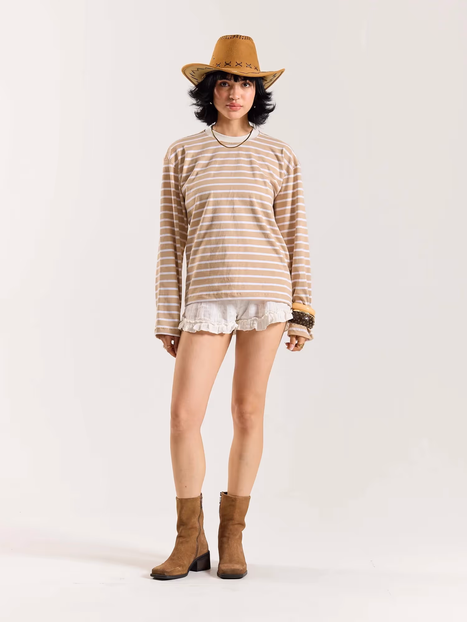 Beige and White Striped Loose Fit Cropped T-Shirt image 2