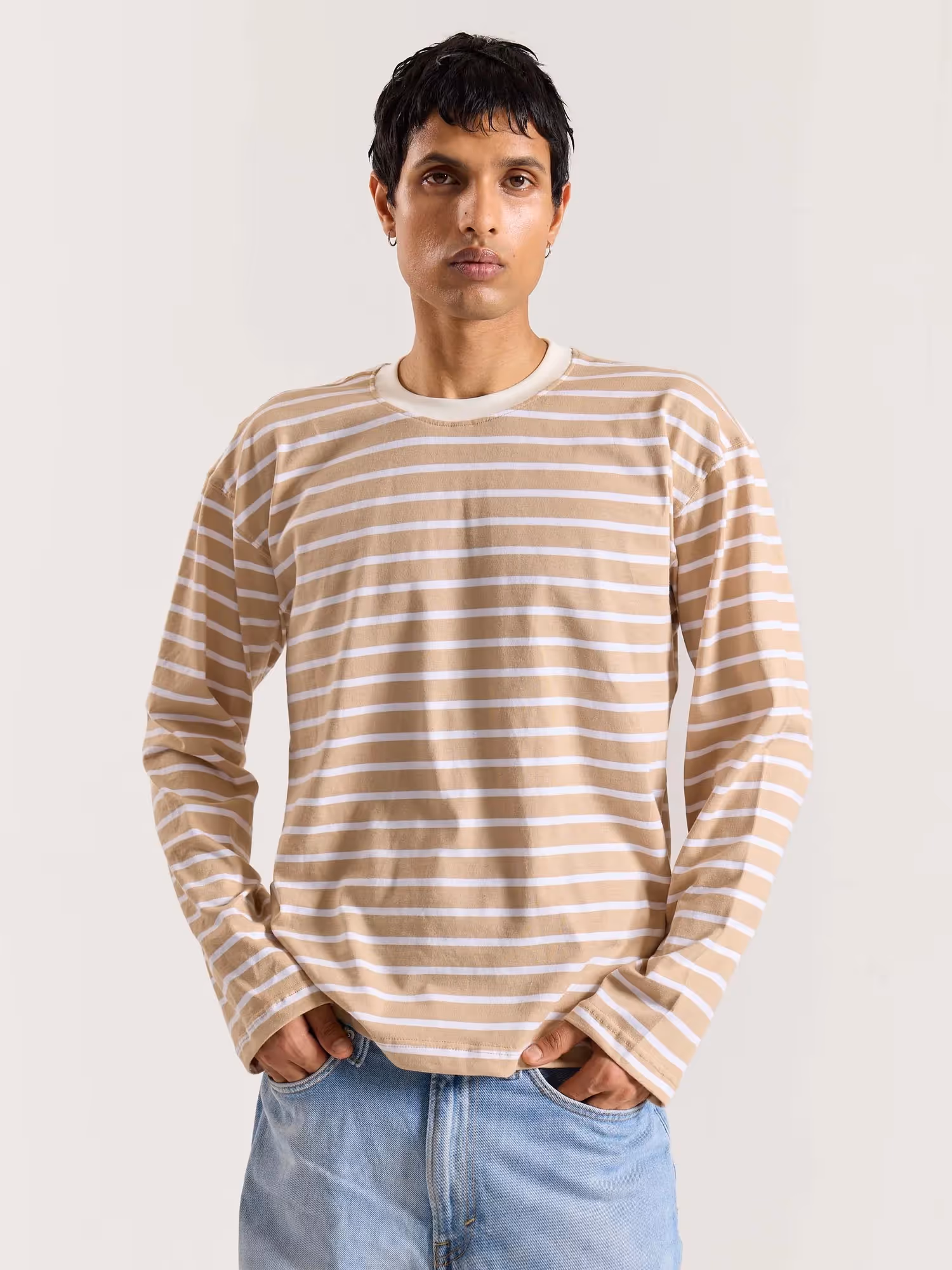 Beige and White Striped Loose Fit Cropped T-Shirt image 3