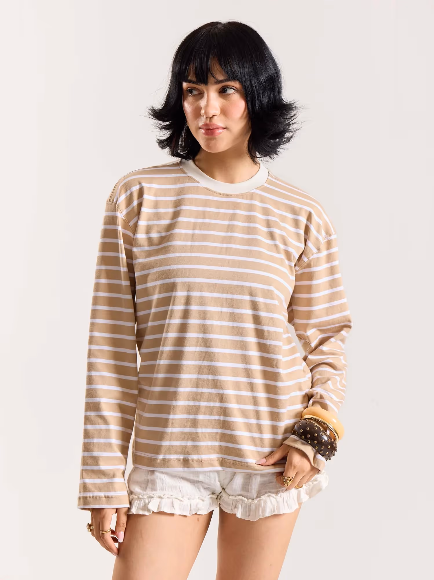 Beige and White Striped Loose Fit Cropped T-Shirt image 4