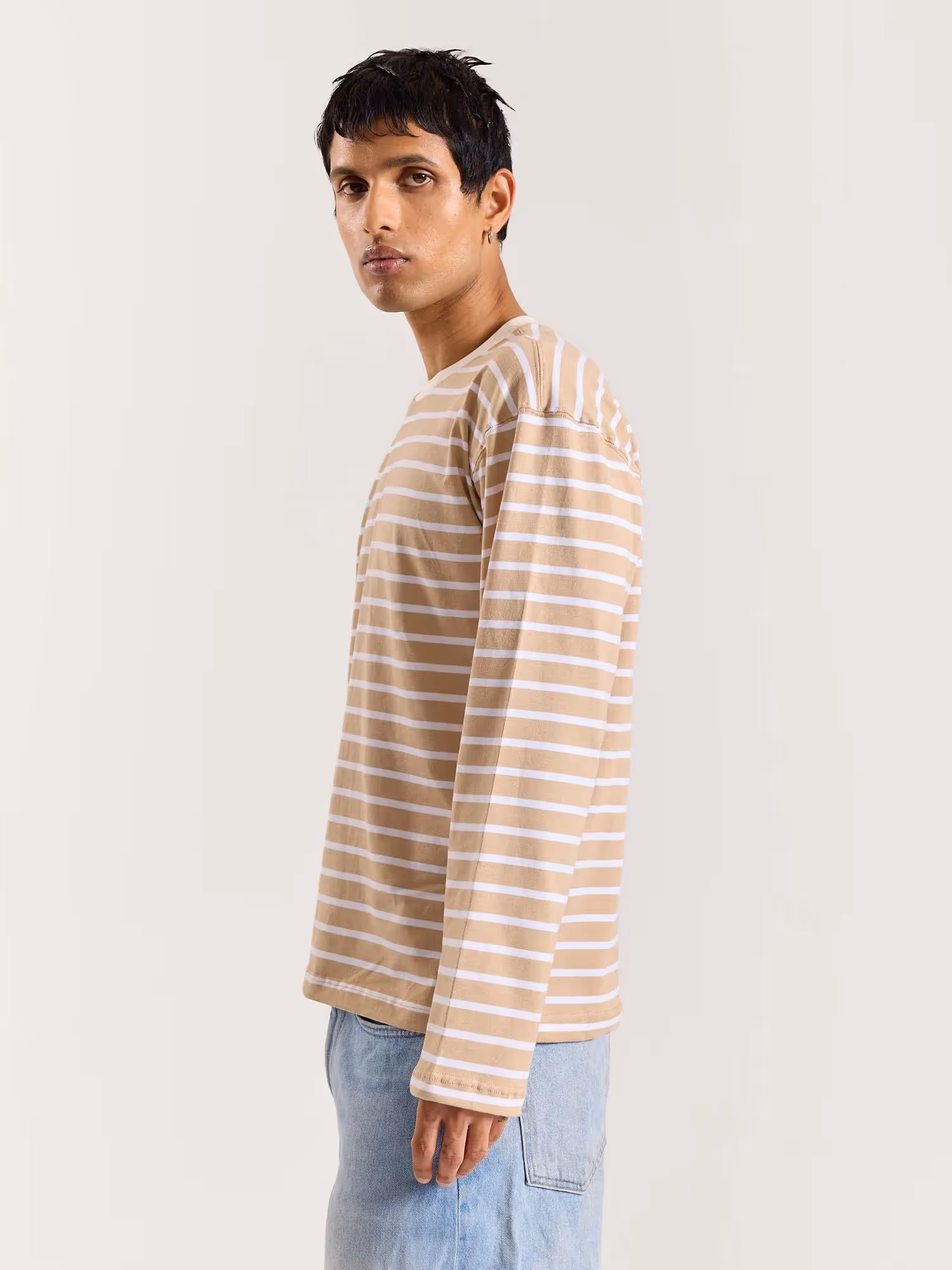 Beige and White Striped Loose Fit Cropped T-Shirt image 5