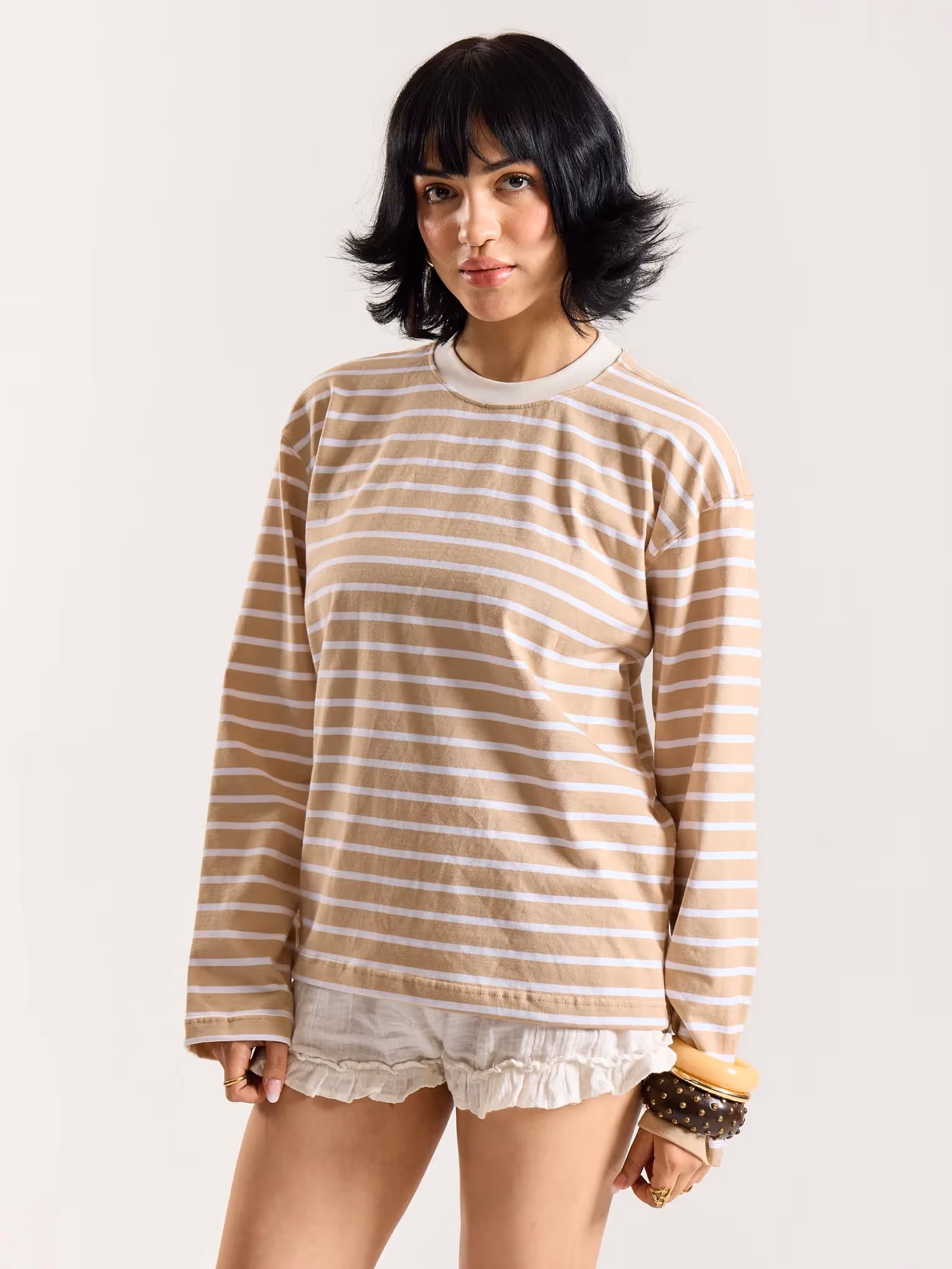 Beige and White Striped Loose Fit Cropped T-Shirt image 6