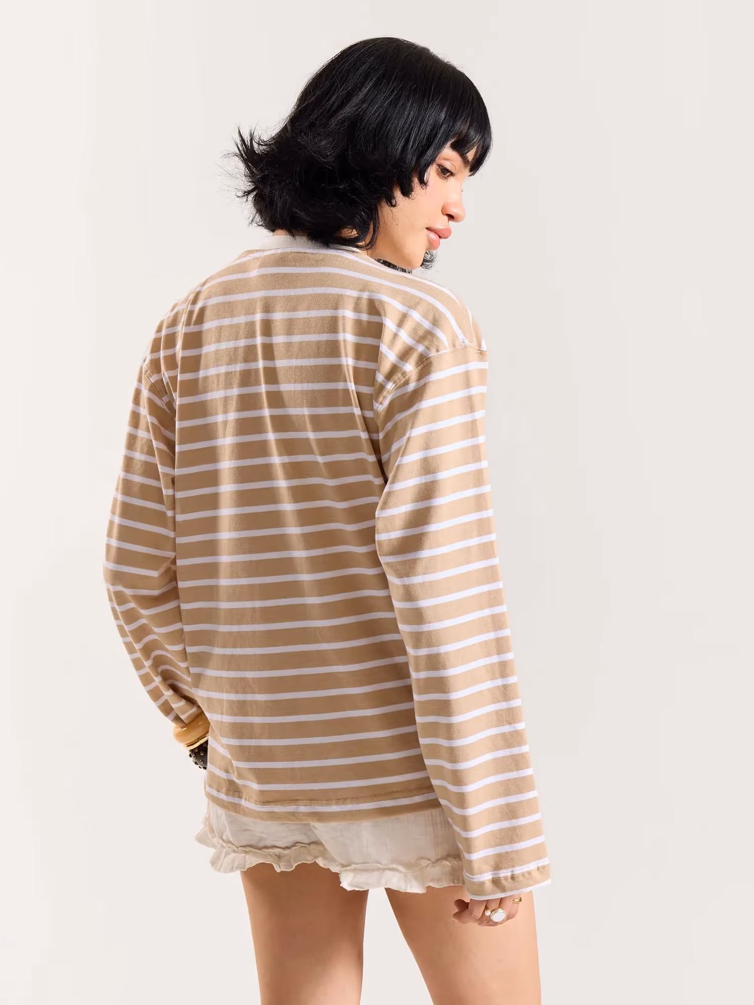 Beige and White Striped Loose Fit Cropped T-Shirt image 7