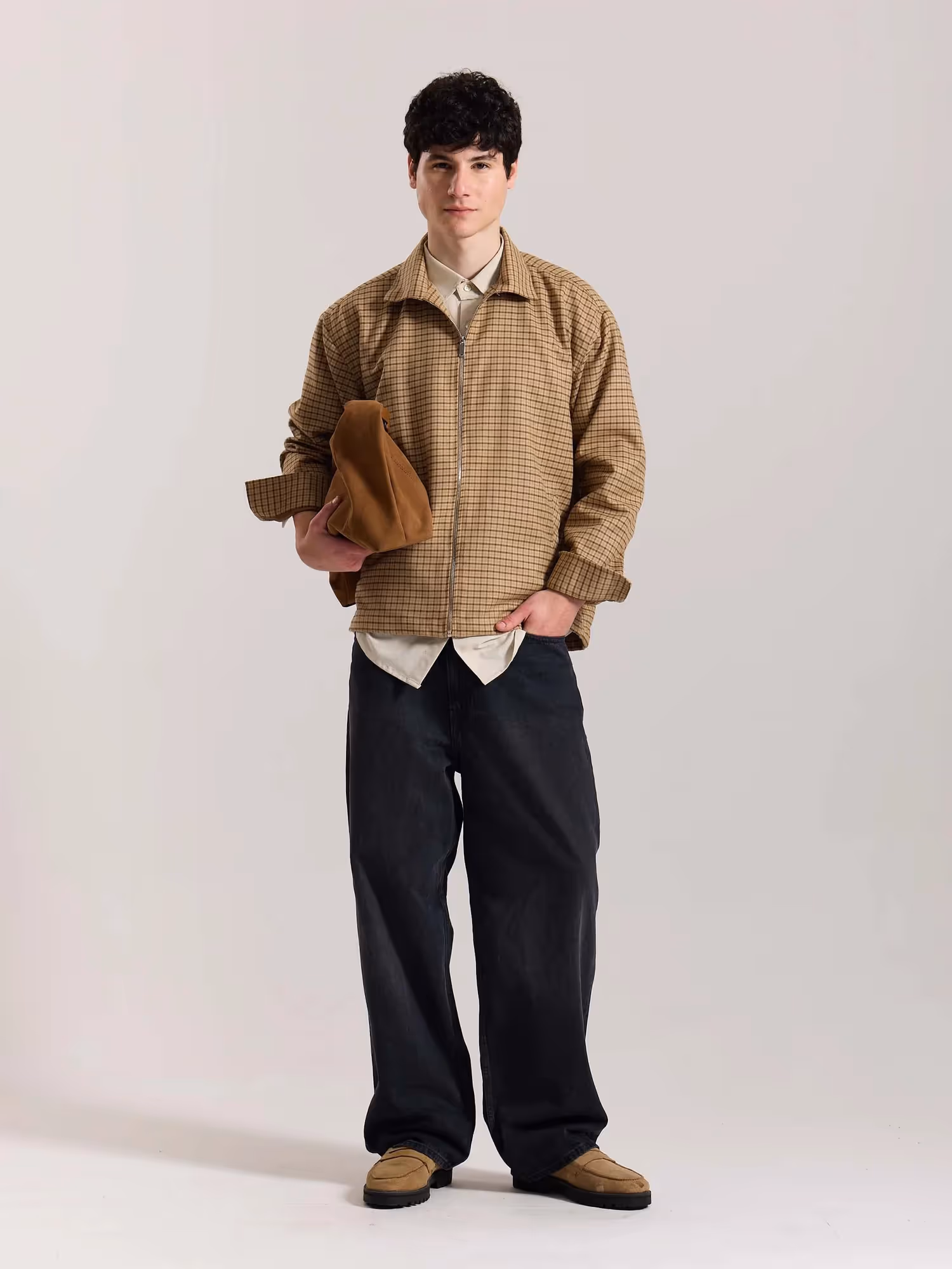 Beige Checkered Tweed Zipper Shacket image 1