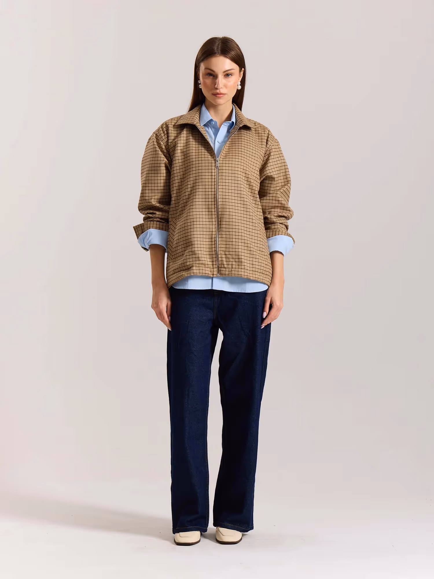 Beige Checkered Tweed Zipper Shacket  image 2