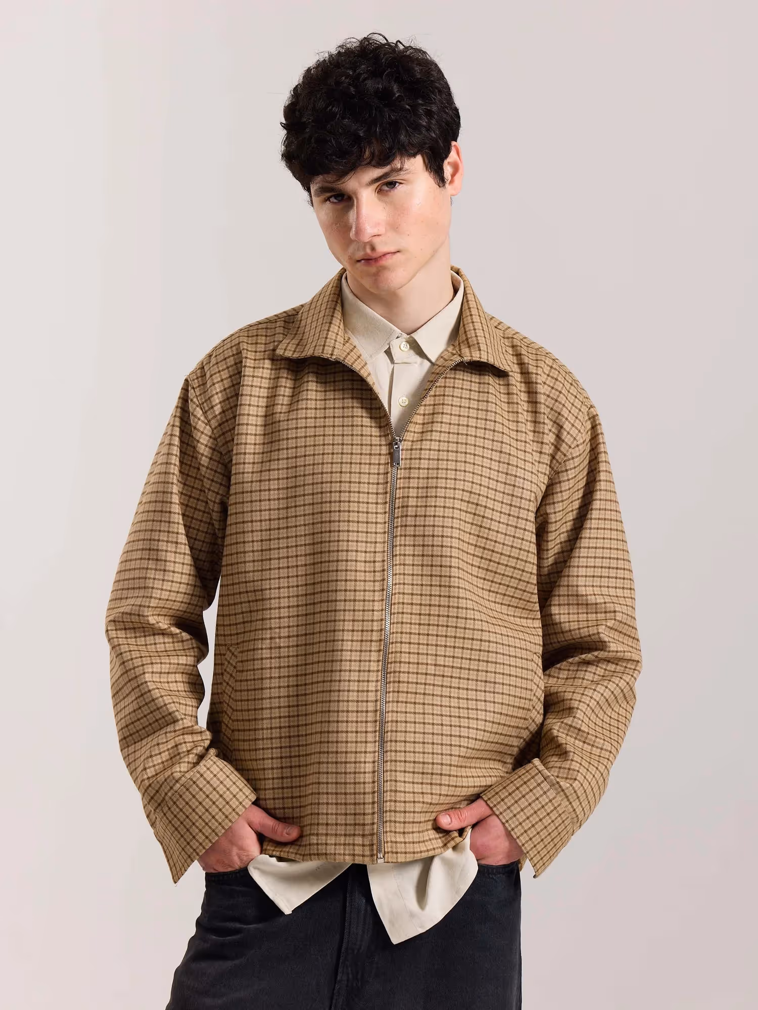 Beige Checkered Tweed Zipper Shacket  image 3