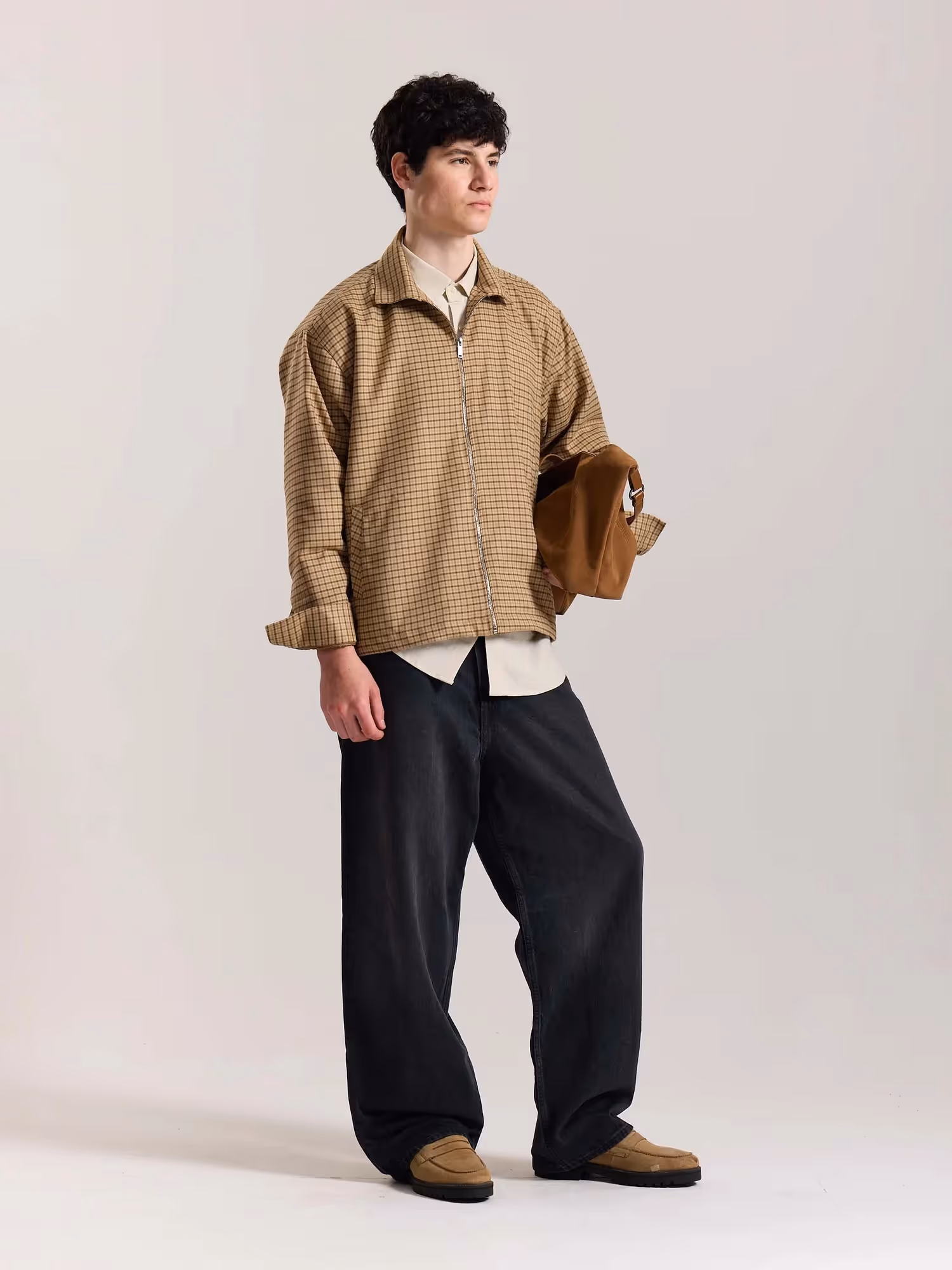 Beige Checkered Tweed Zipper Shacket  image 6