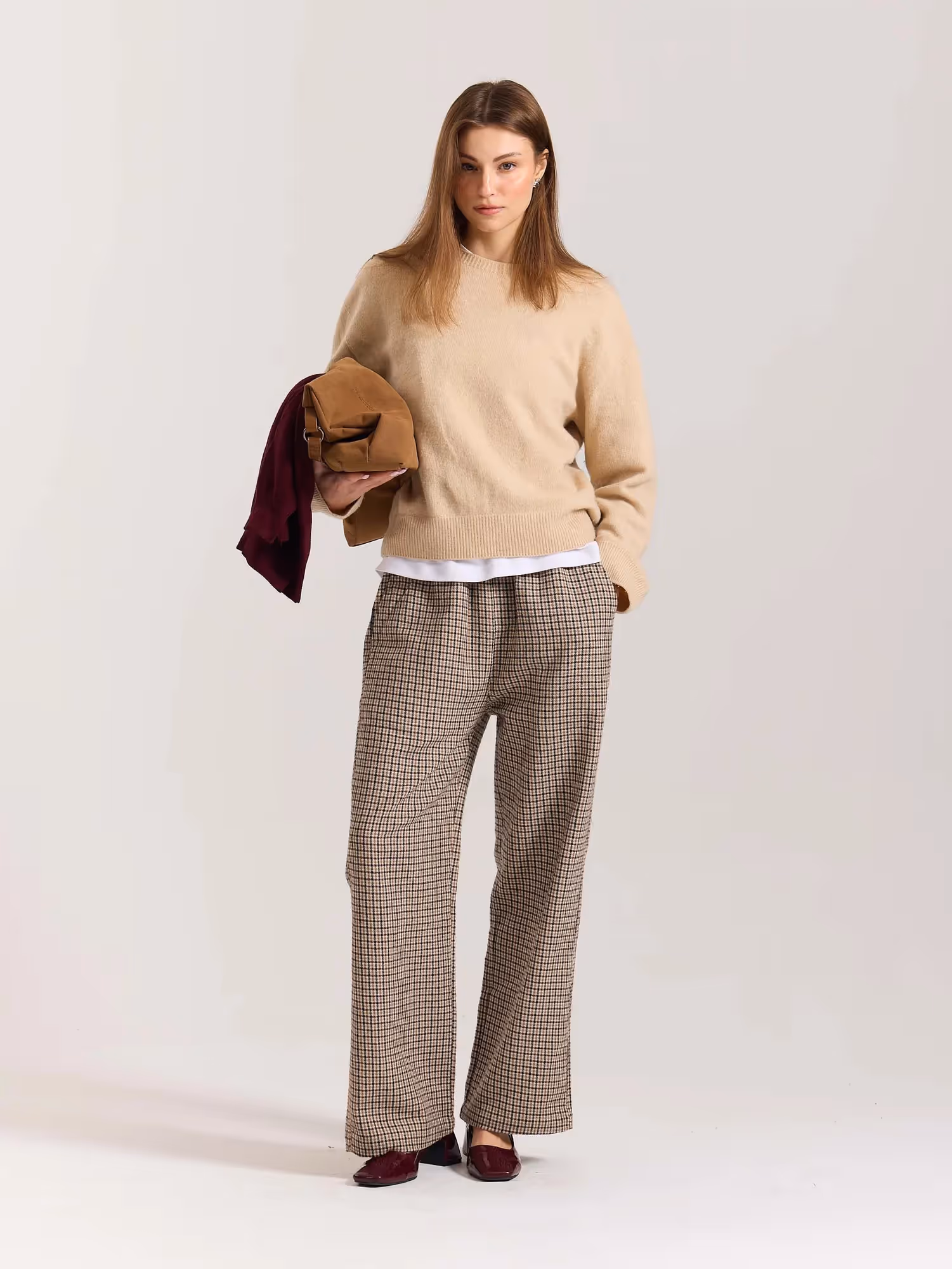 Beige Checkered Woolen Pants image 2