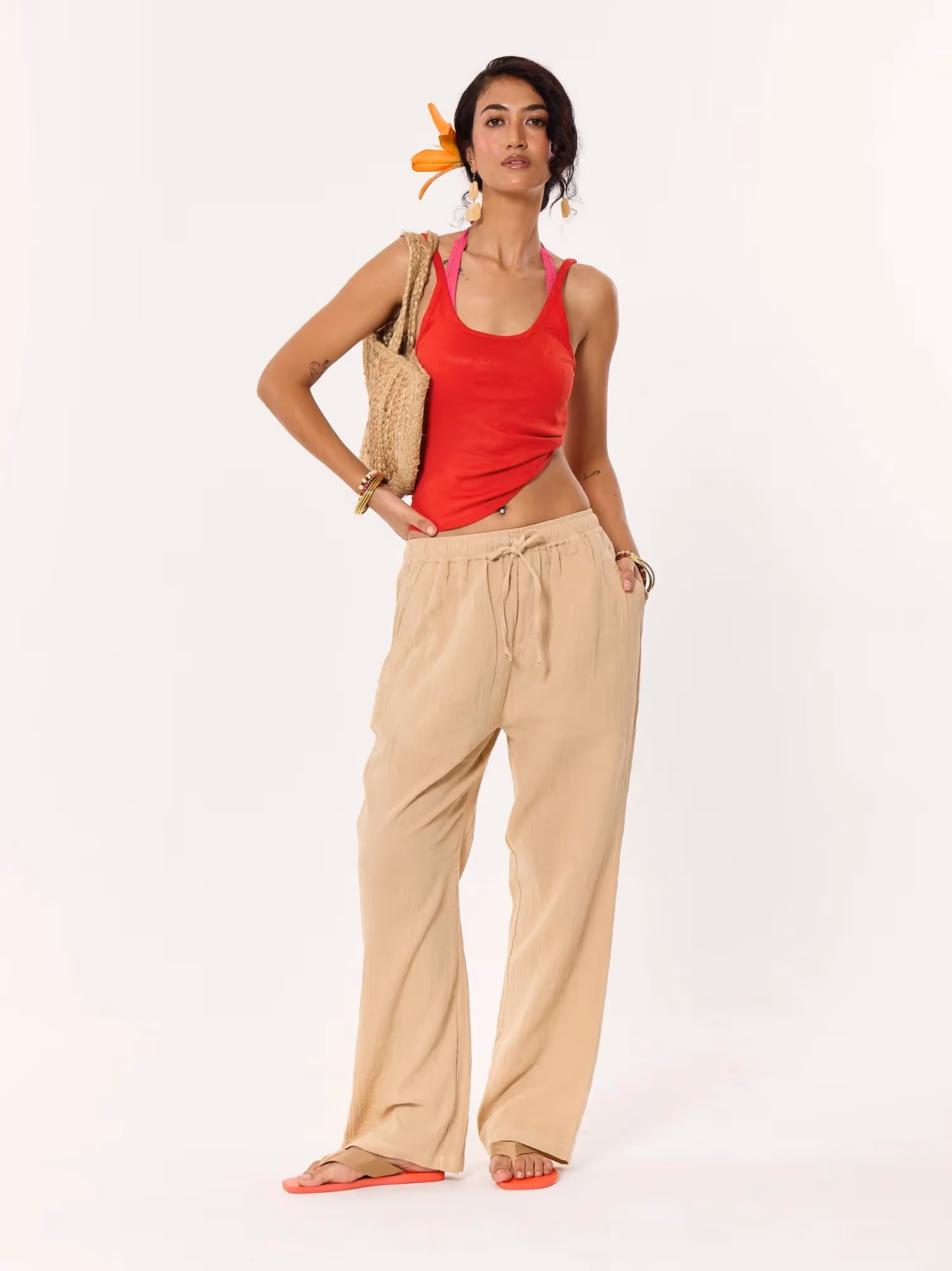 Beige Gauze Pull-on Pants image 3