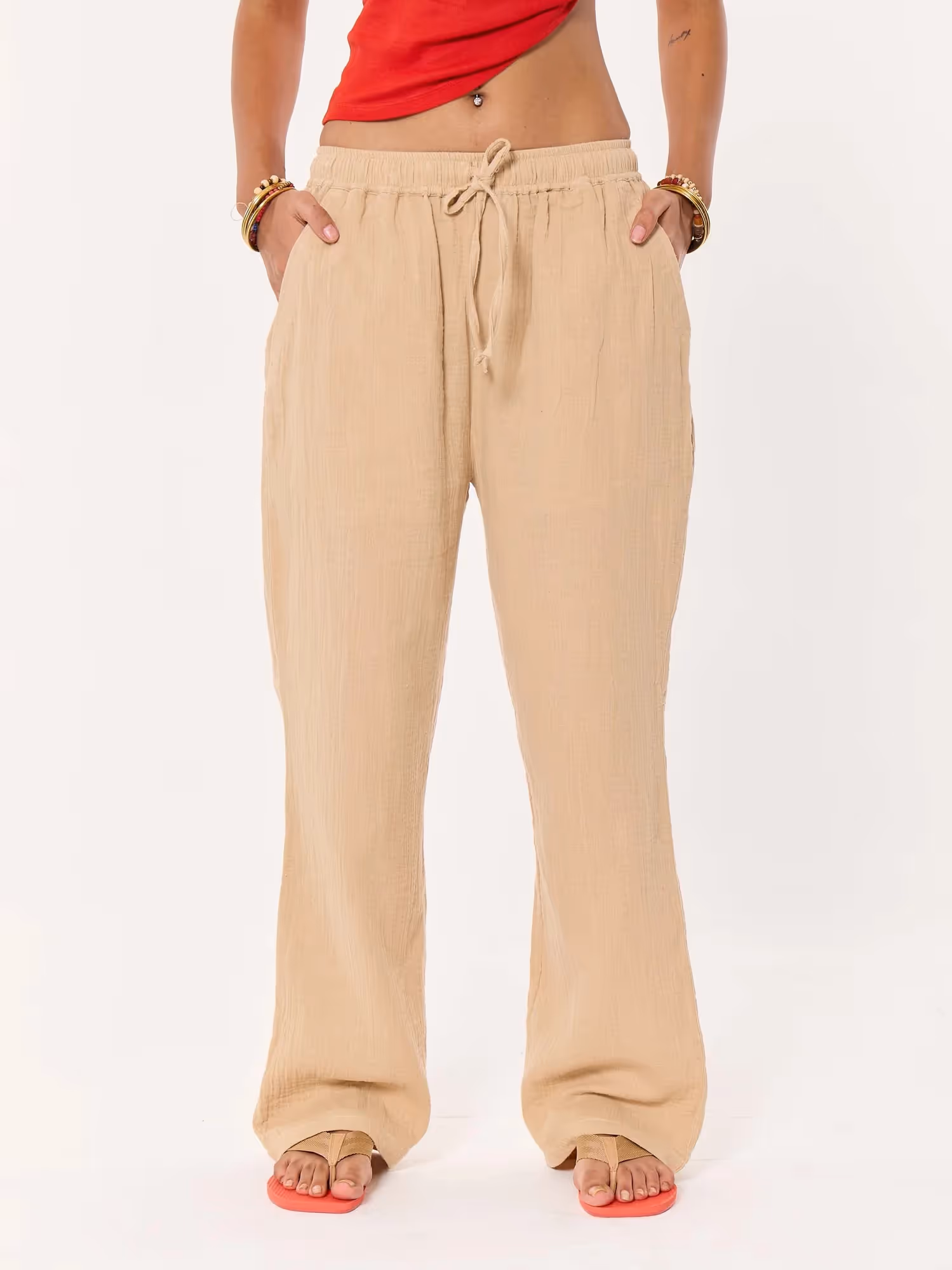 Beige Gauze Pull-on Pants image 4
