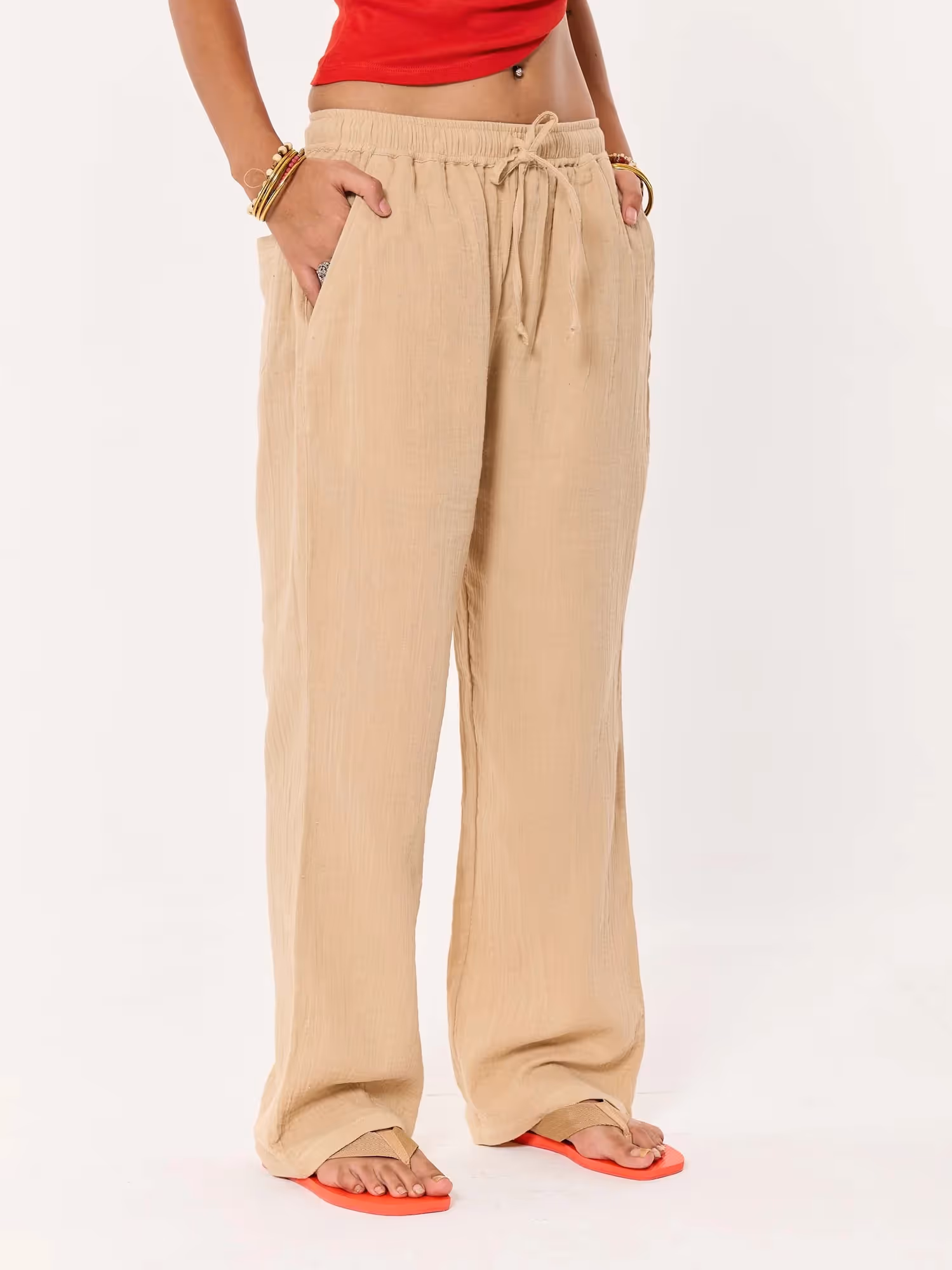 Beige Gauze Pull-on Pants image 6
