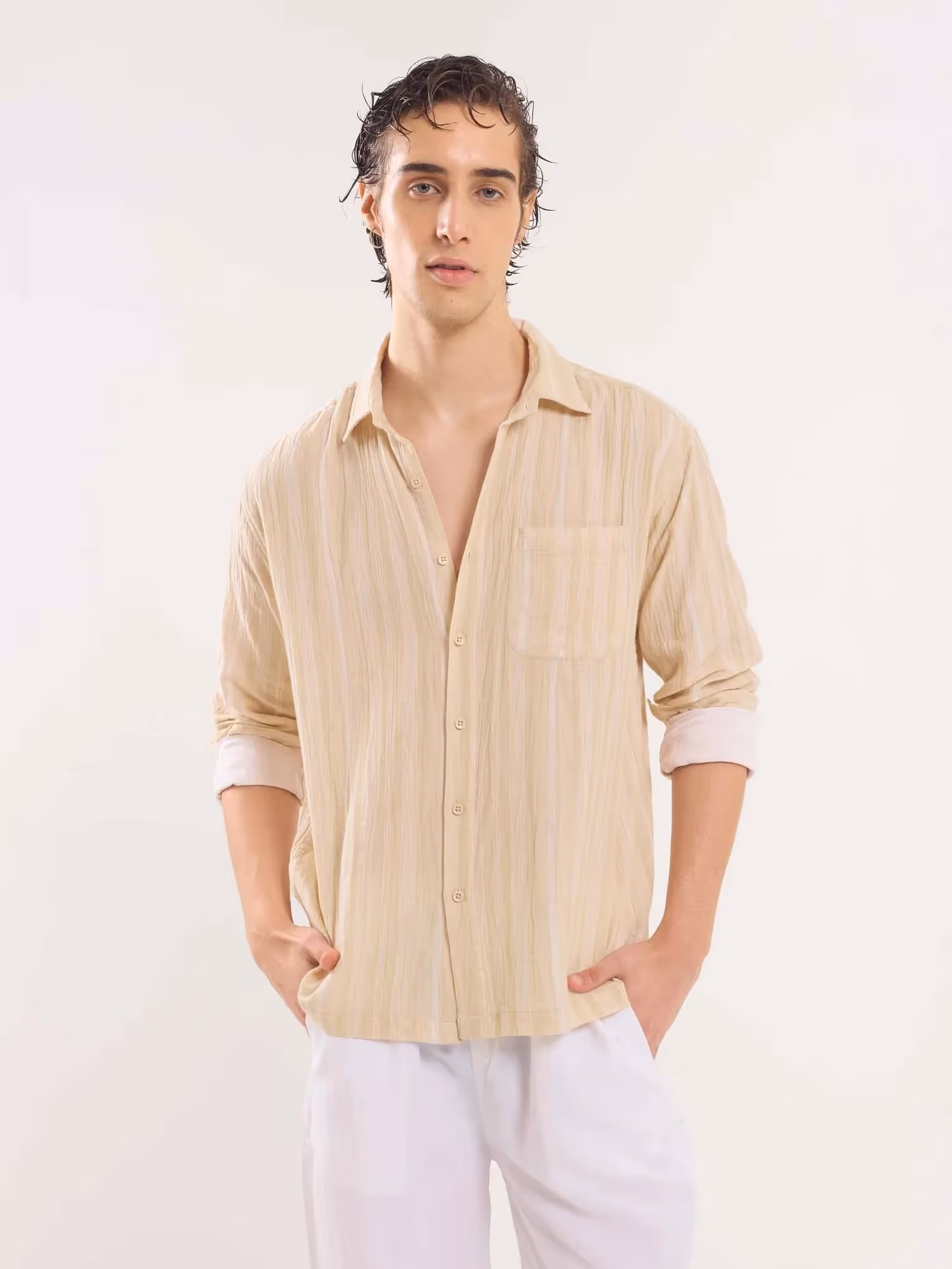 Beige Gauze Striped Holiday Shirt  image 1