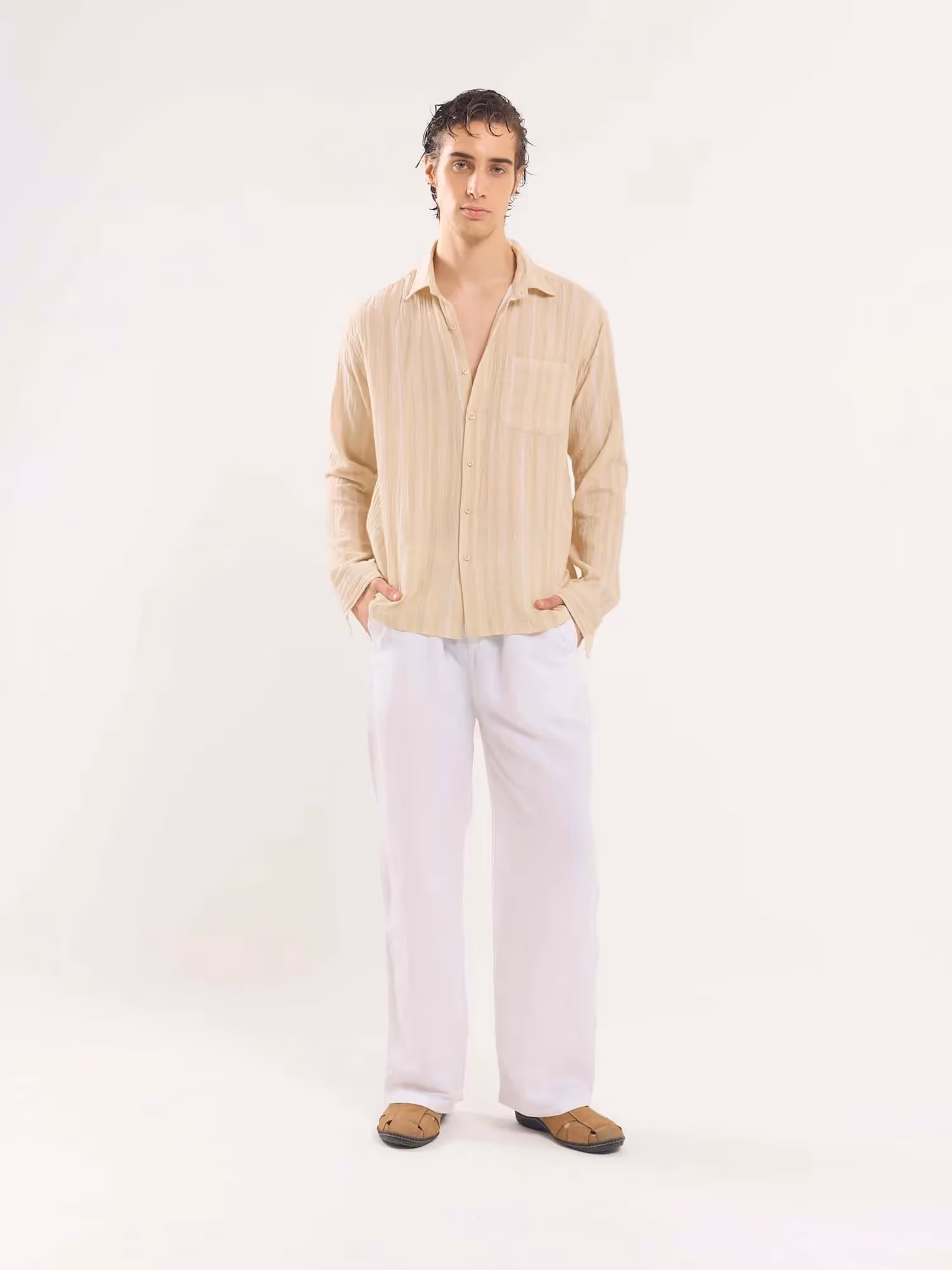 Beige Gauze Striped Holiday Shirt  image 2