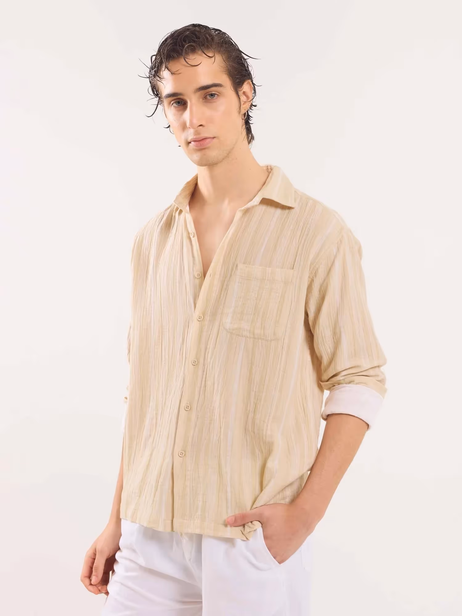 Beige Gauze Striped Holiday Shirt  image 4