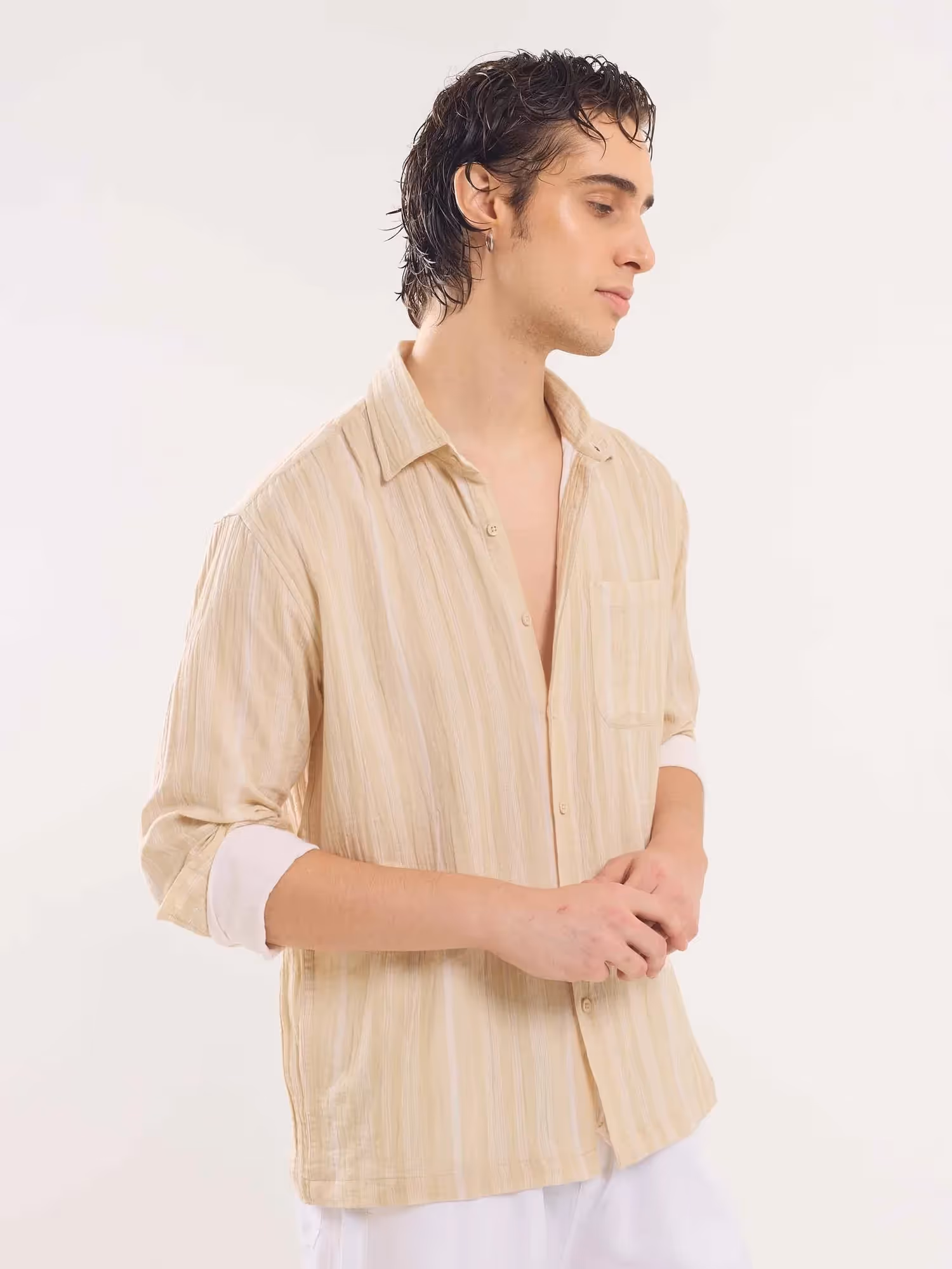 Beige Gauze Striped Holiday Shirt  image 5