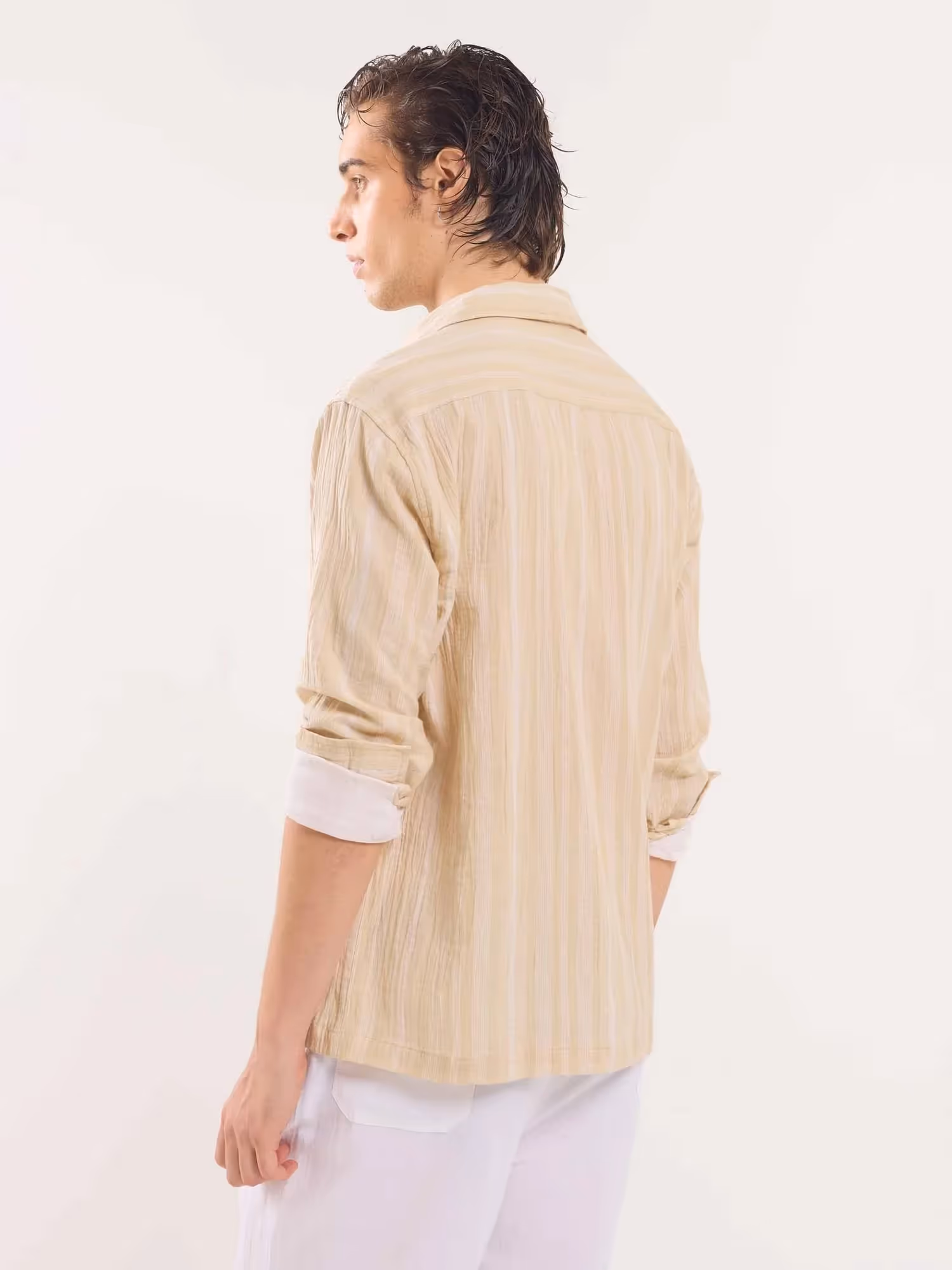 Beige Gauze Striped Holiday Shirt  image 6