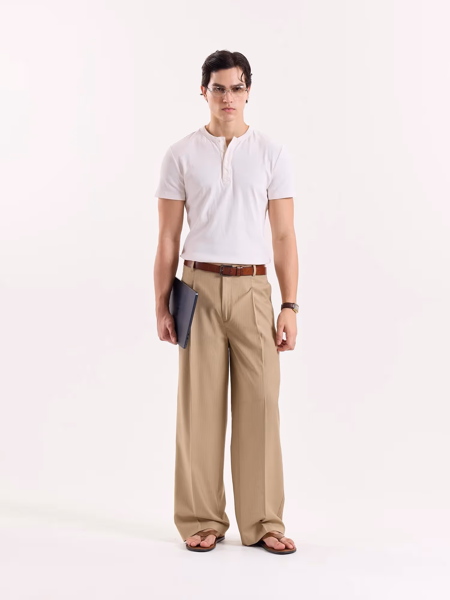 Beige Pinstriped Baggy Fit Trousers image 1