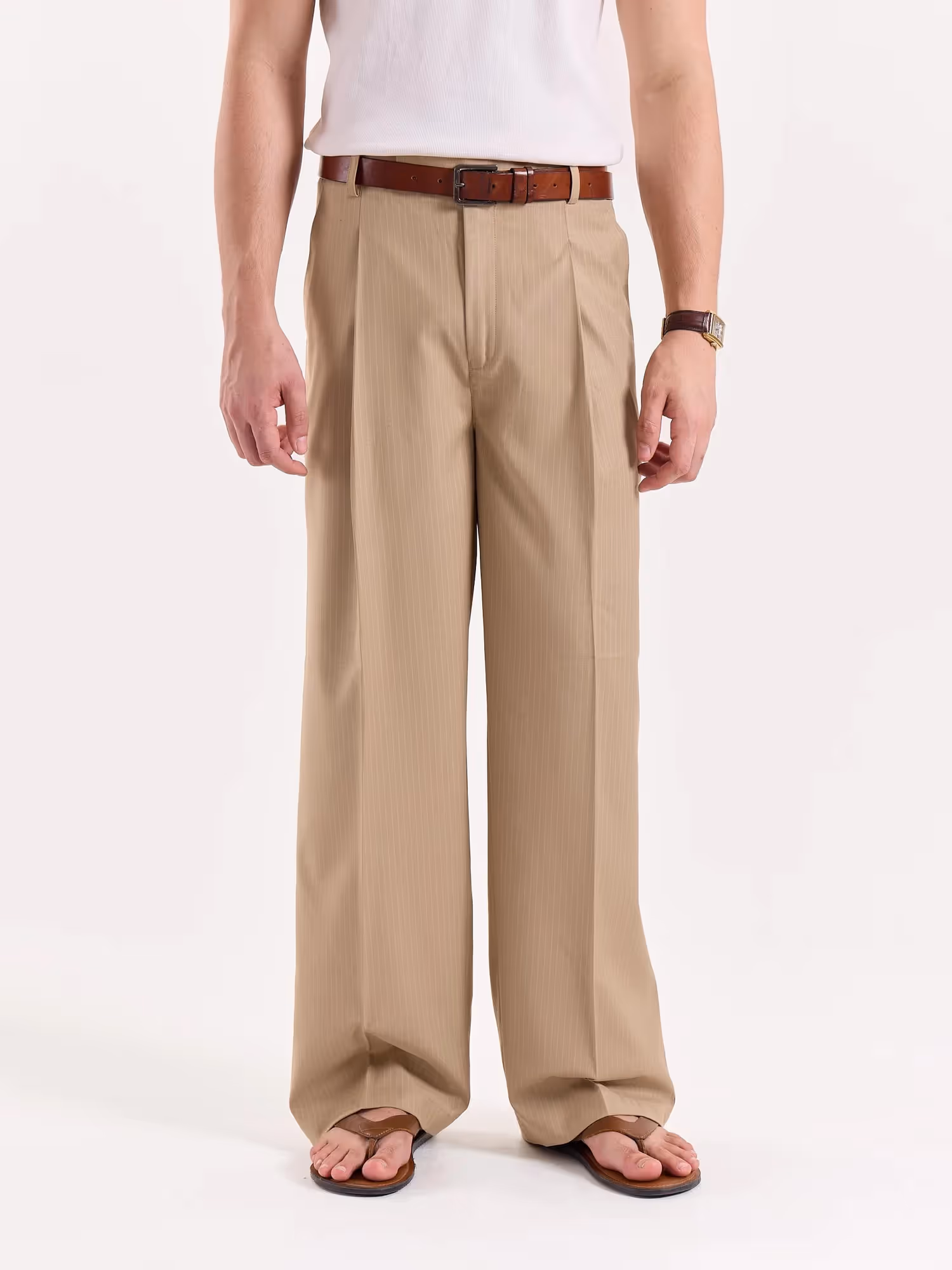 Beige Pinstriped Baggy Fit Trousers image 2