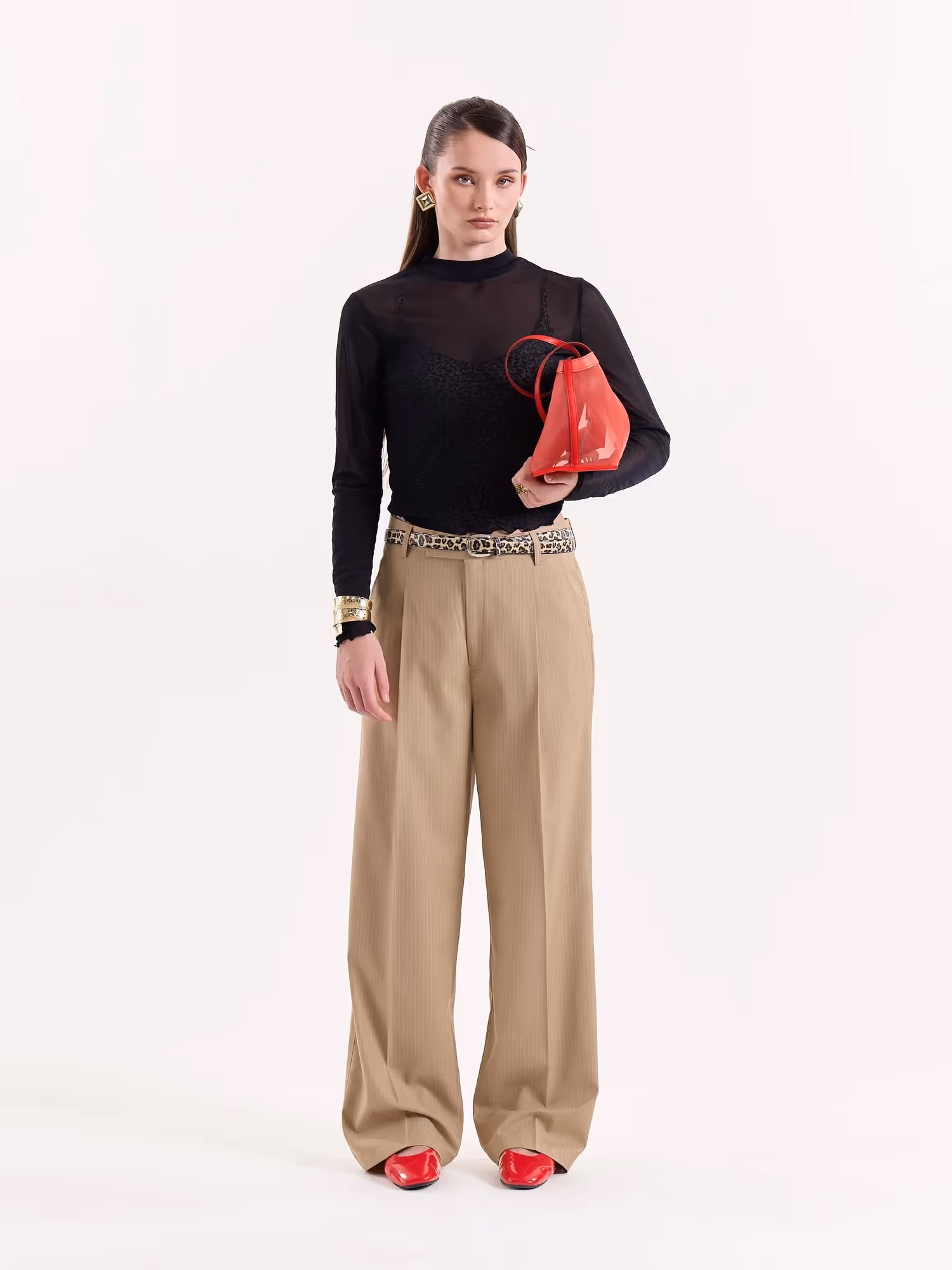 Beige Pinstriped Baggy Fit Trousers image 3