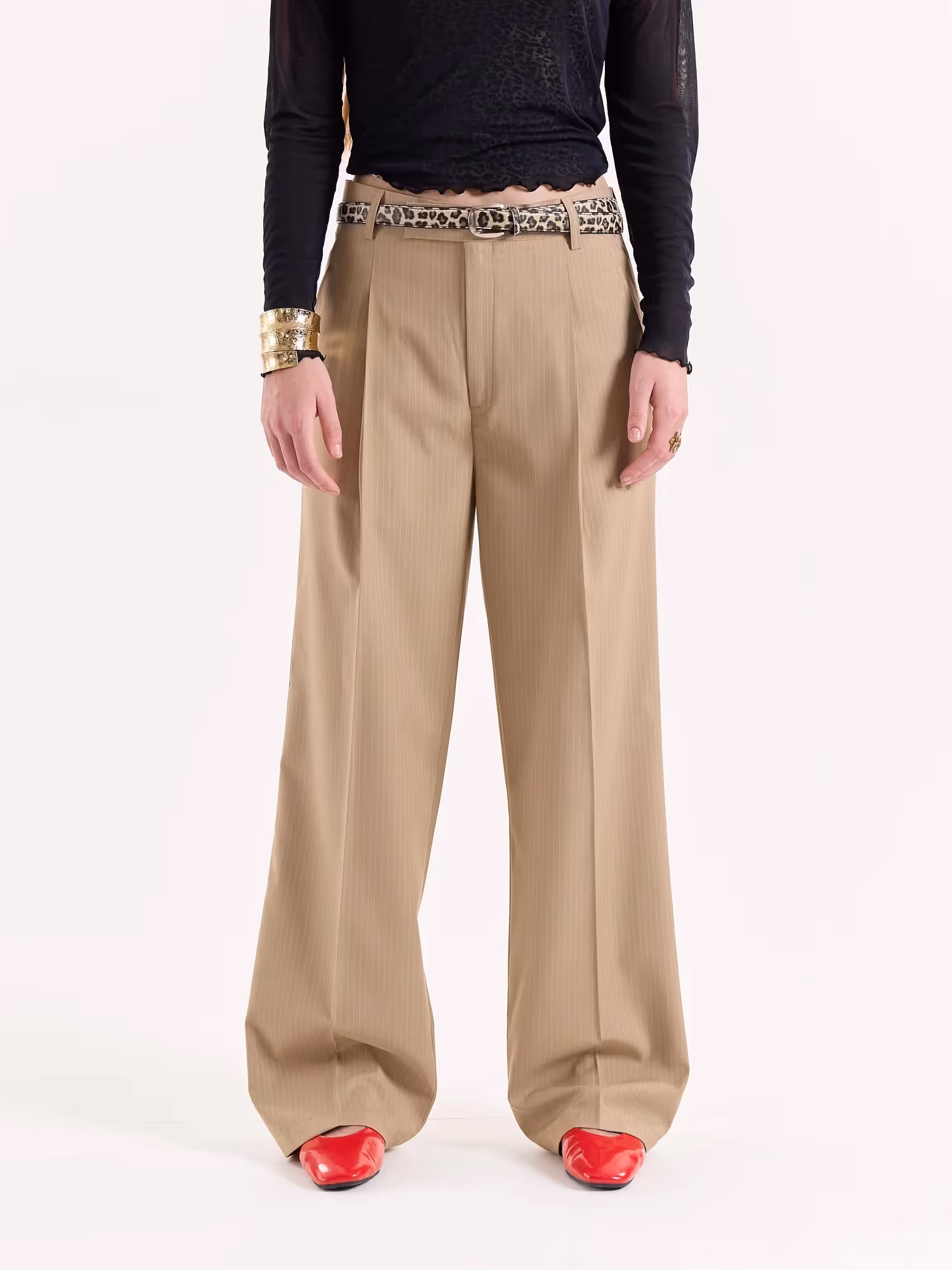 Beige Pinstriped Baggy Fit Trousers image 4