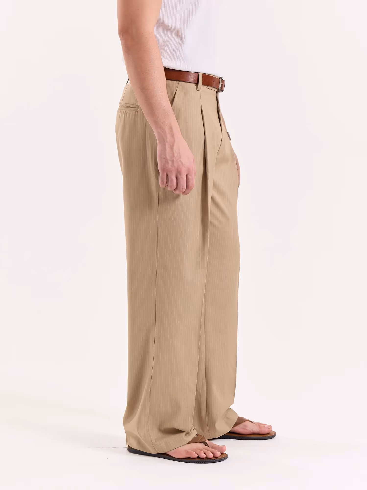 Beige Pinstriped Baggy Fit Trousers image 5