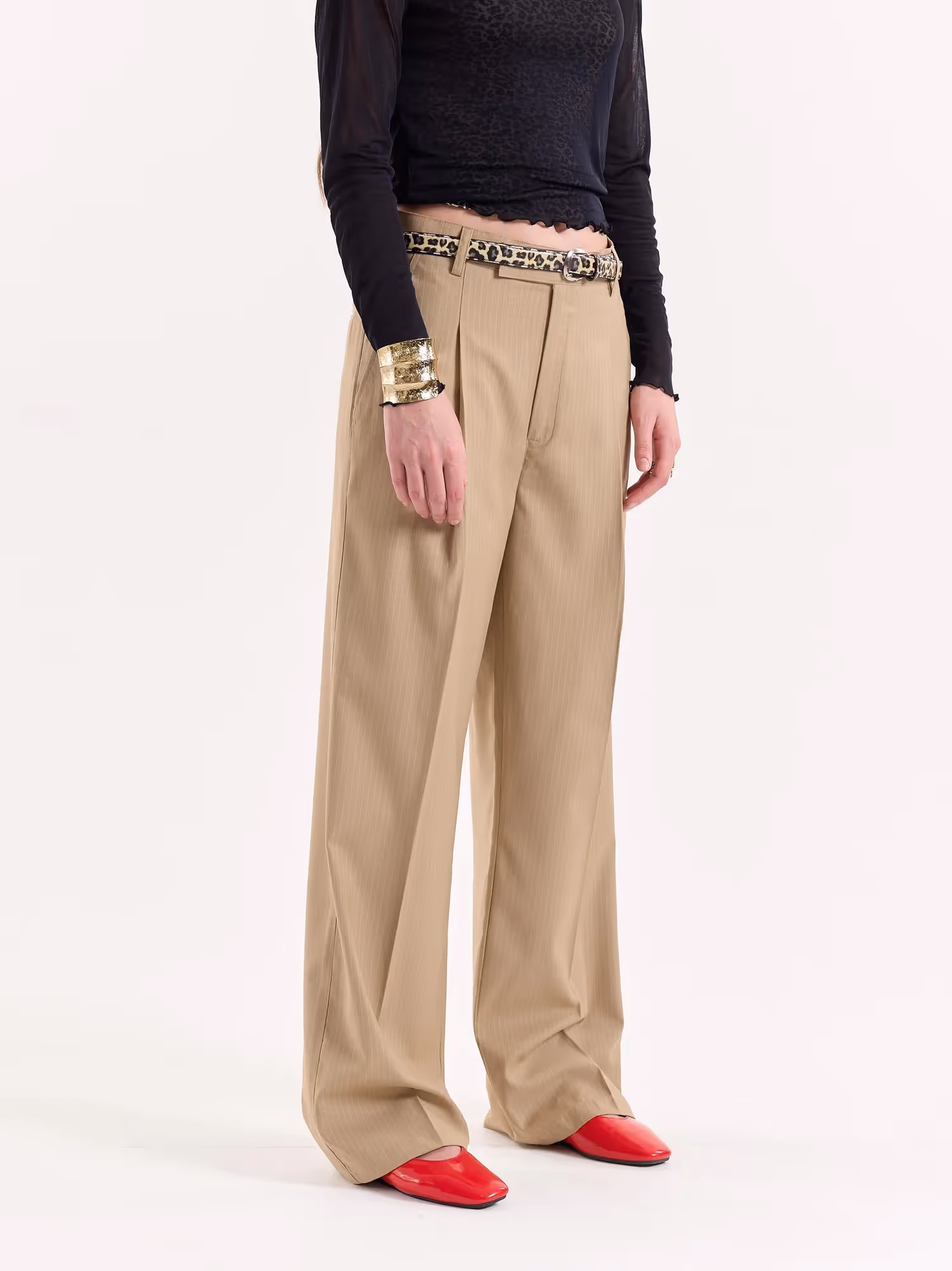 Beige Pinstriped Baggy Fit Trousers image 6