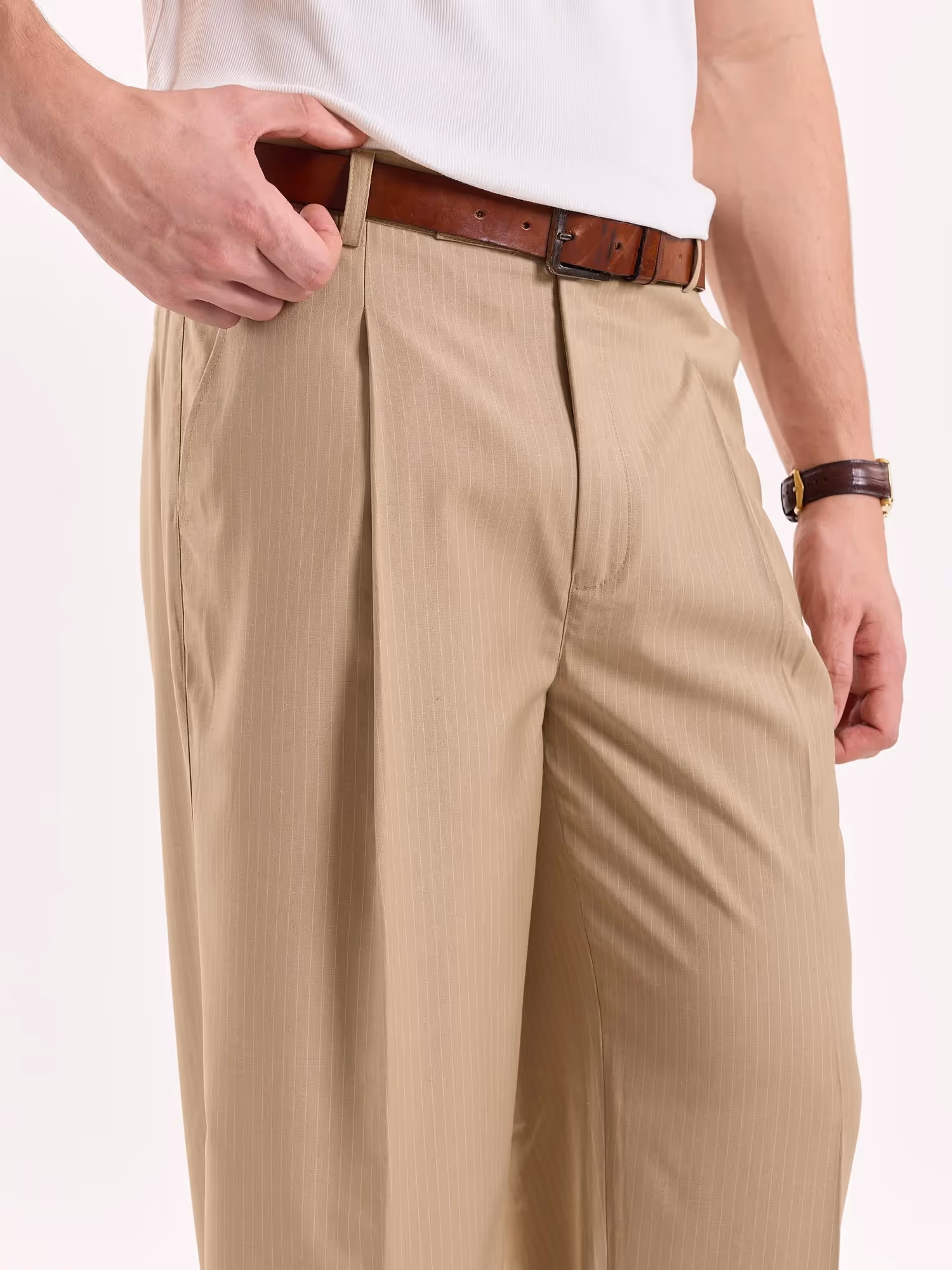Beige Pinstriped Baggy Fit Trousers image 7