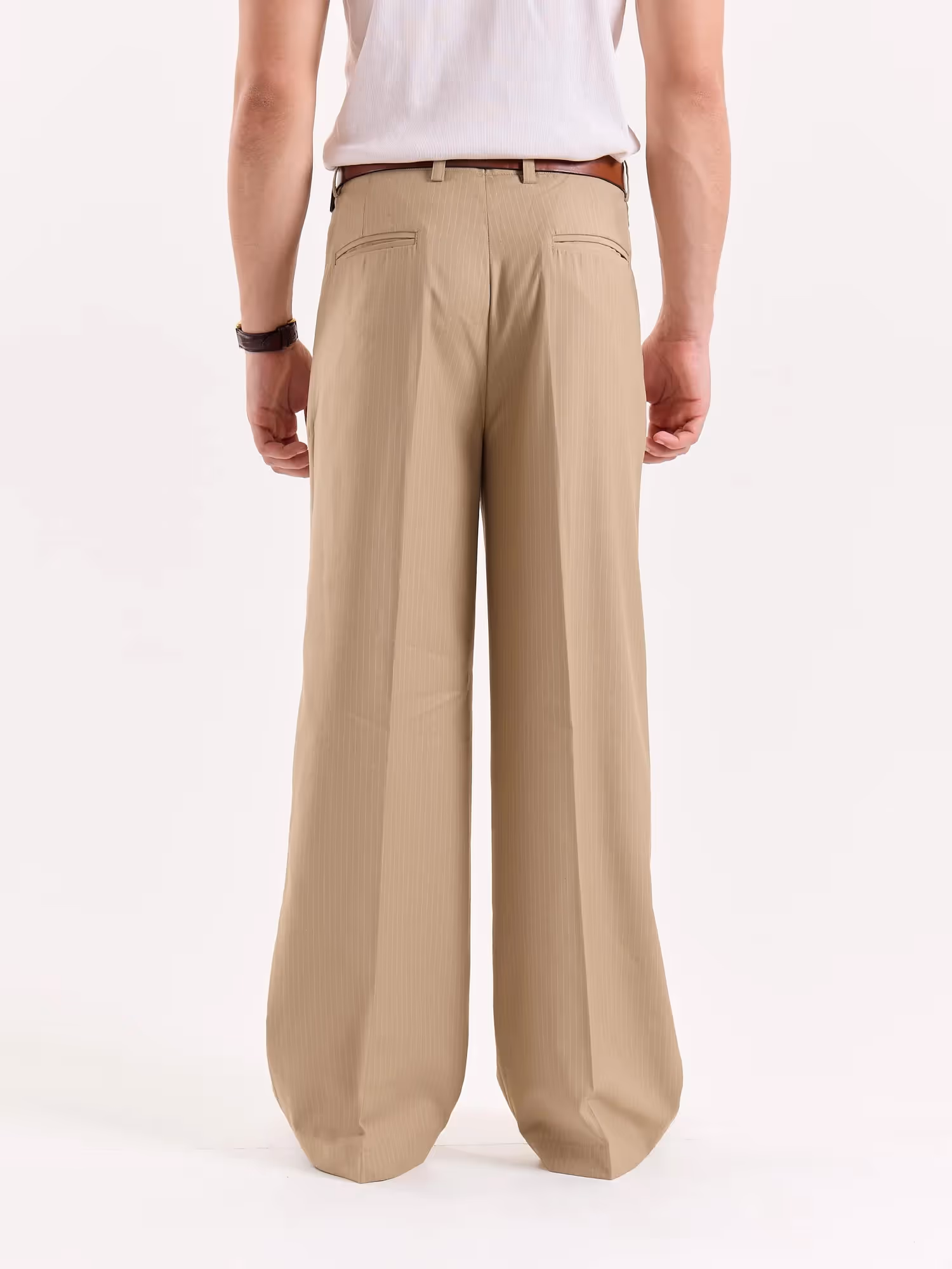 Beige Pinstriped Baggy Fit Trousers image 8