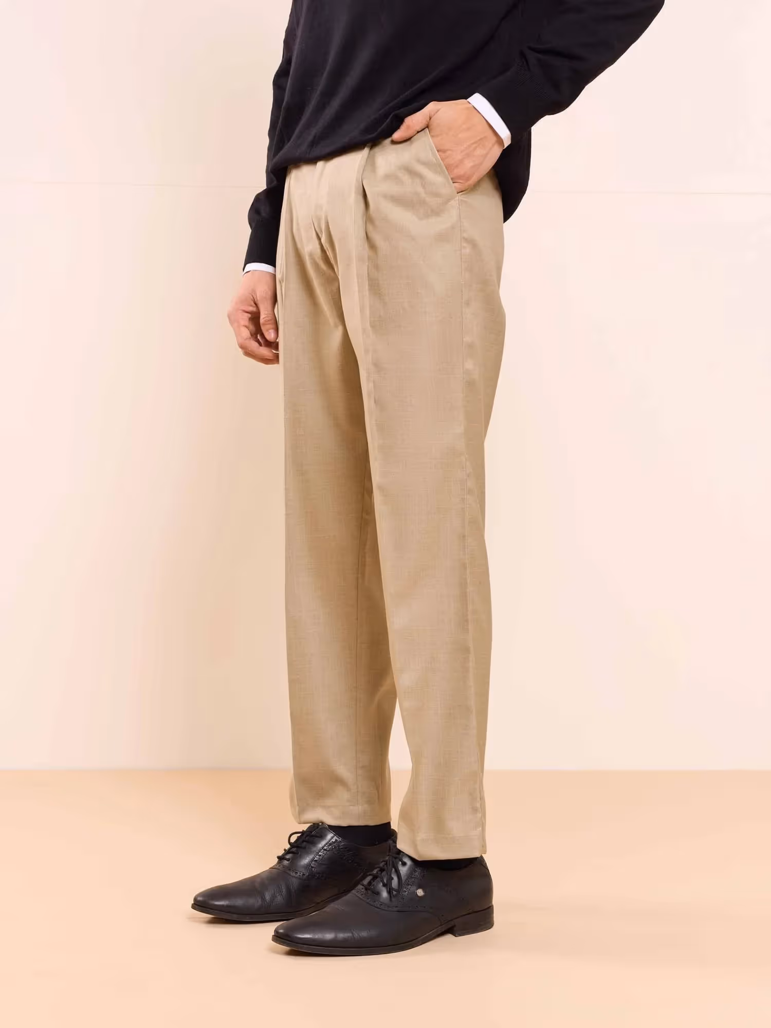 Beige Straight Fit Checked Trousers image 4