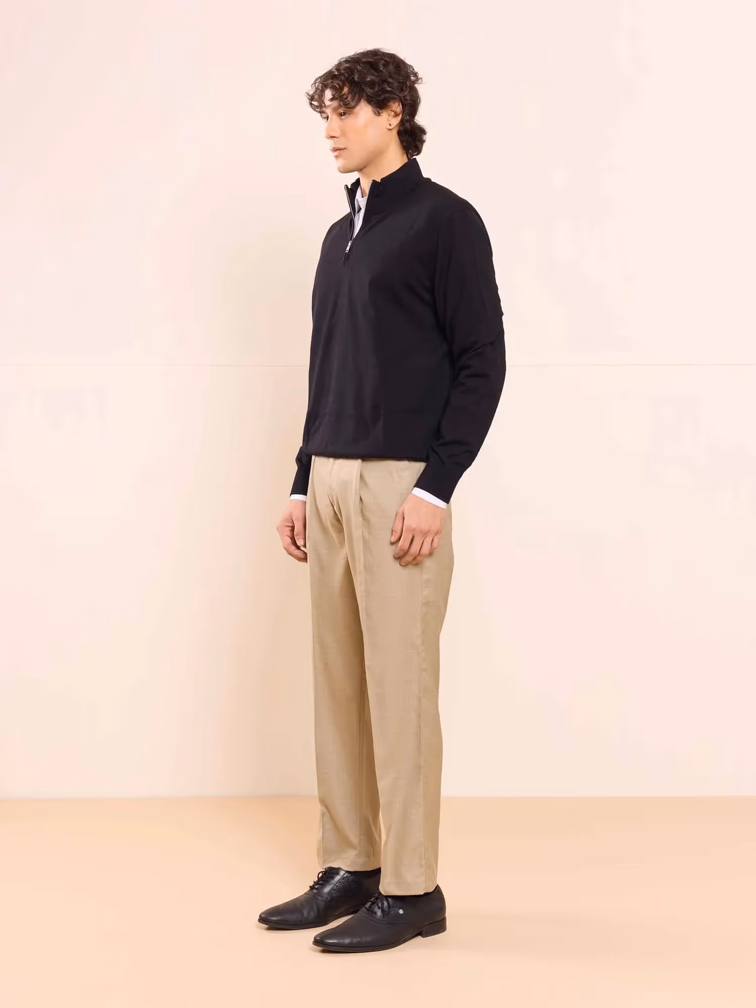 Beige Straight Fit Checked Trousers image 5
