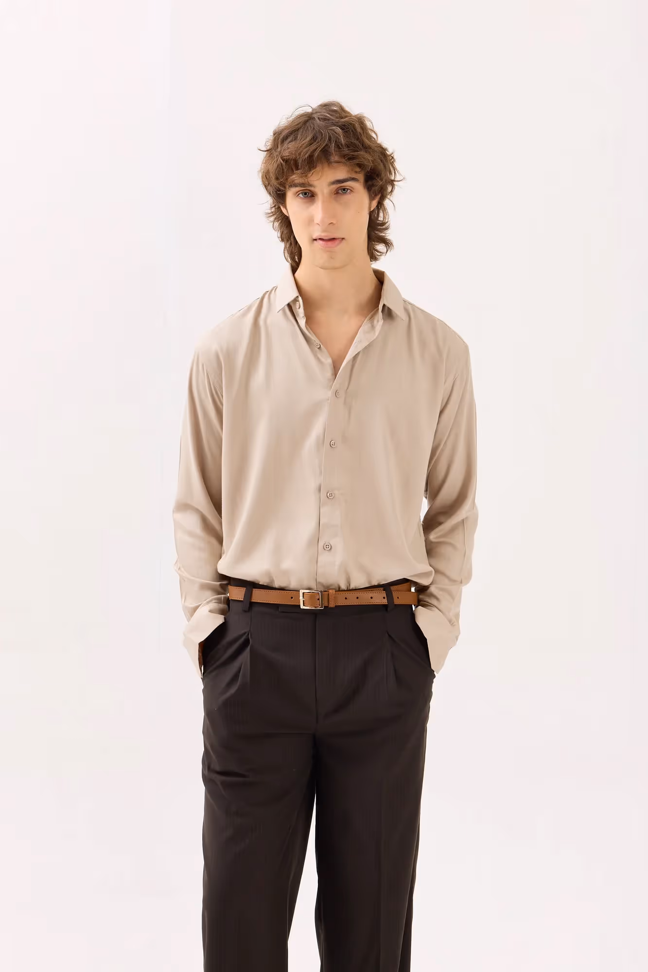 Beige Textured Drape Shirt  image 2