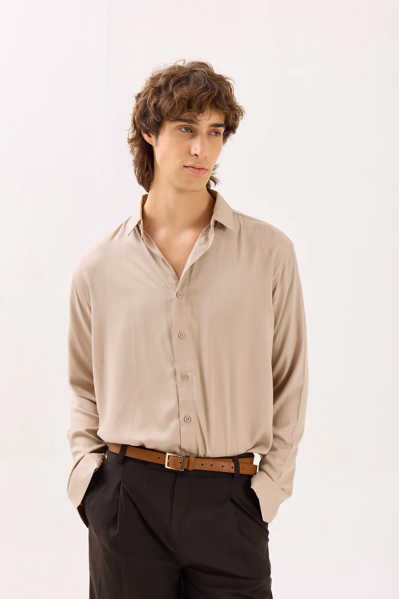Beige Textured Drape Shirt  image 3