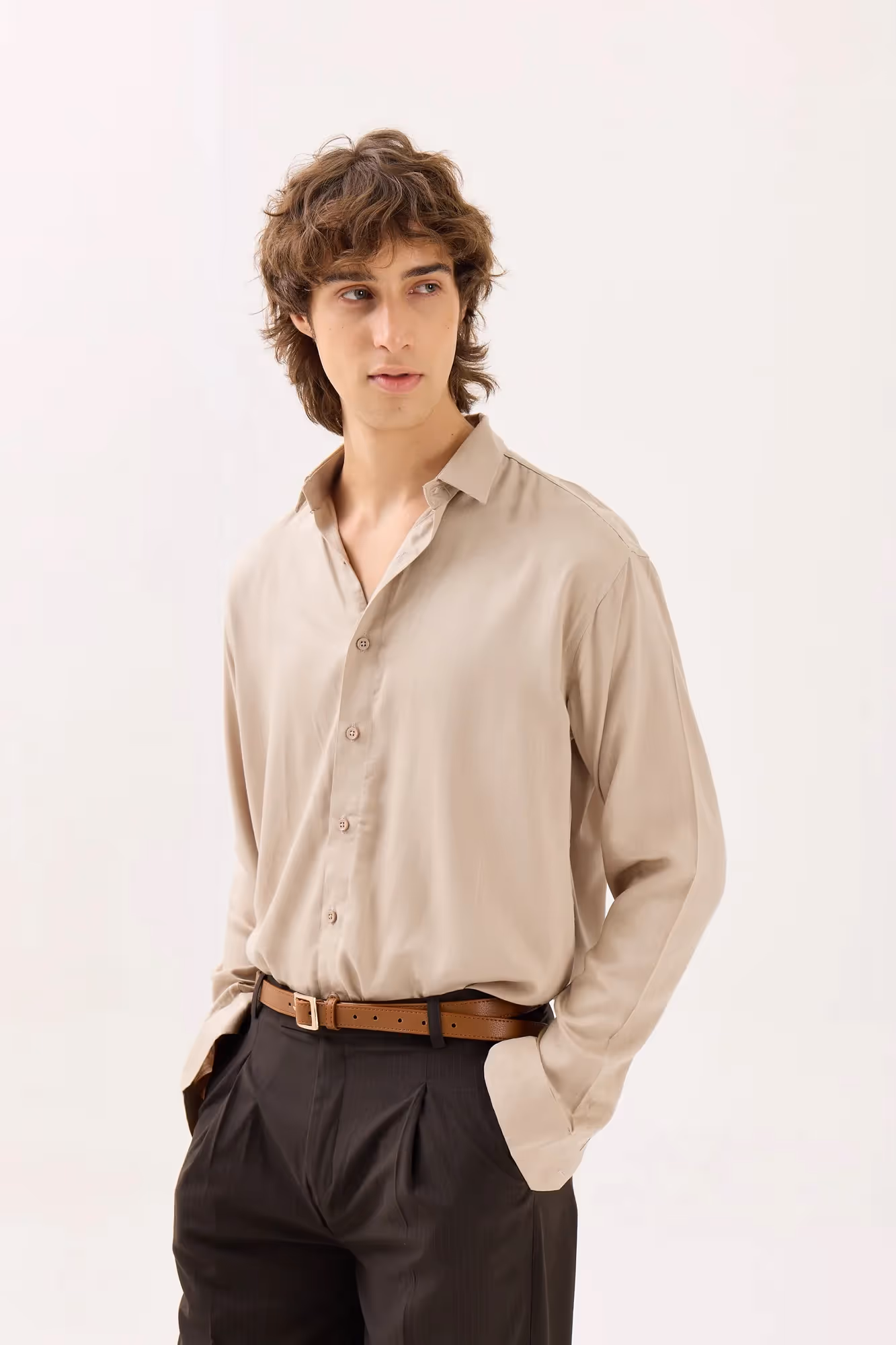 Beige Textured Drape Shirt  image 5