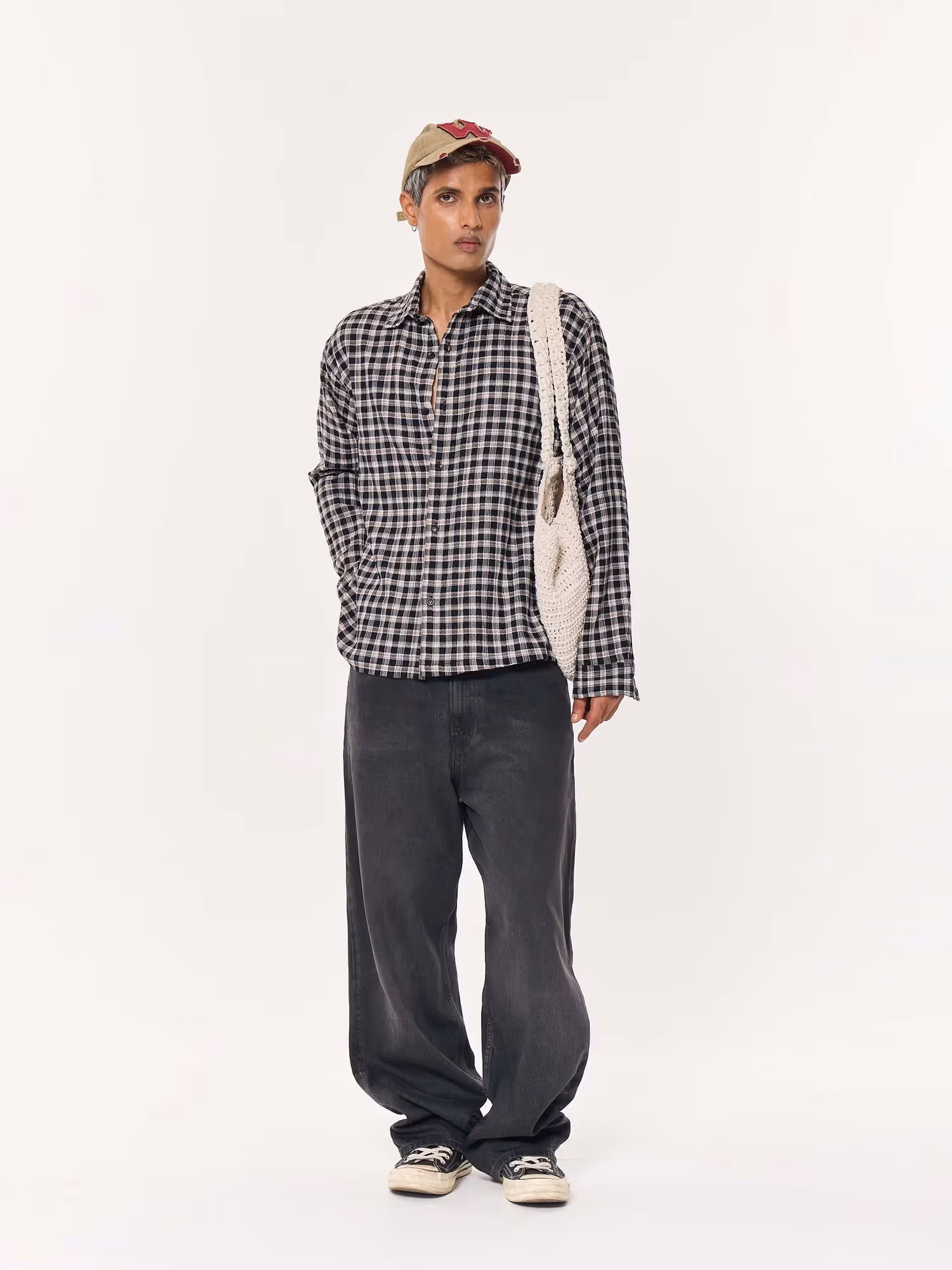 Black & Beige Checkered Oversized Cropped Shirt image 1