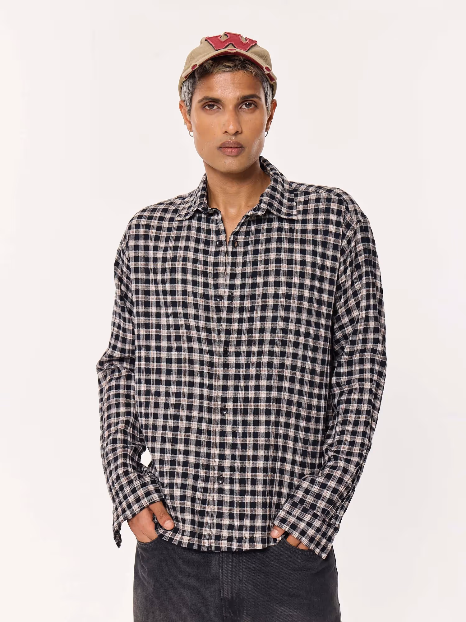 Black & Beige Checkered Oversized Cropped Shirt  image 3