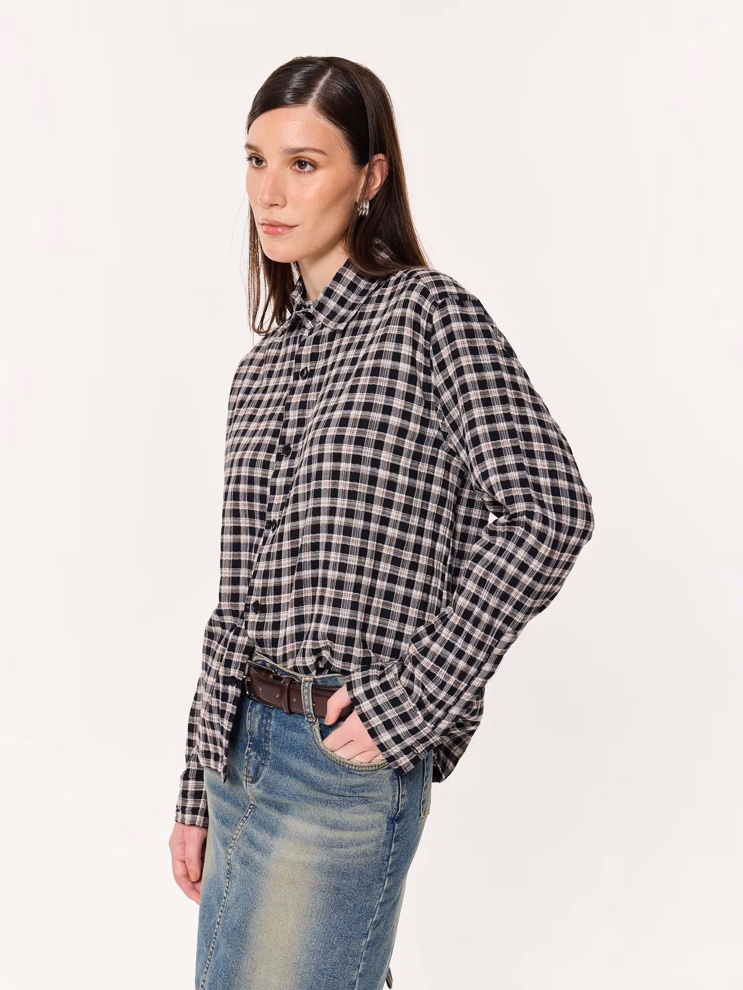 Black & Beige Checkered Oversized Cropped Shirt  image 6