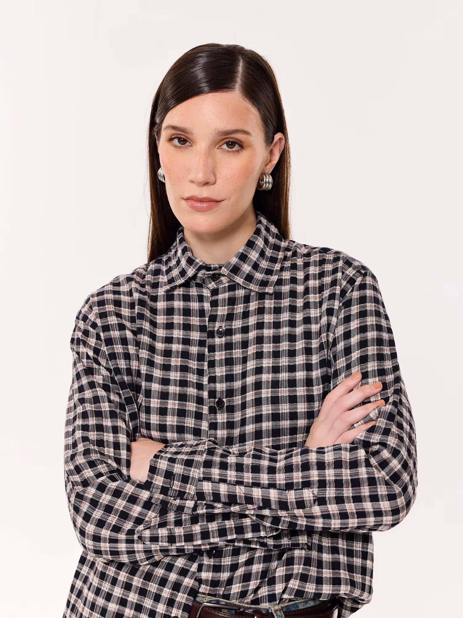 Black & Beige Checkered Oversized Cropped Shirt  image 8