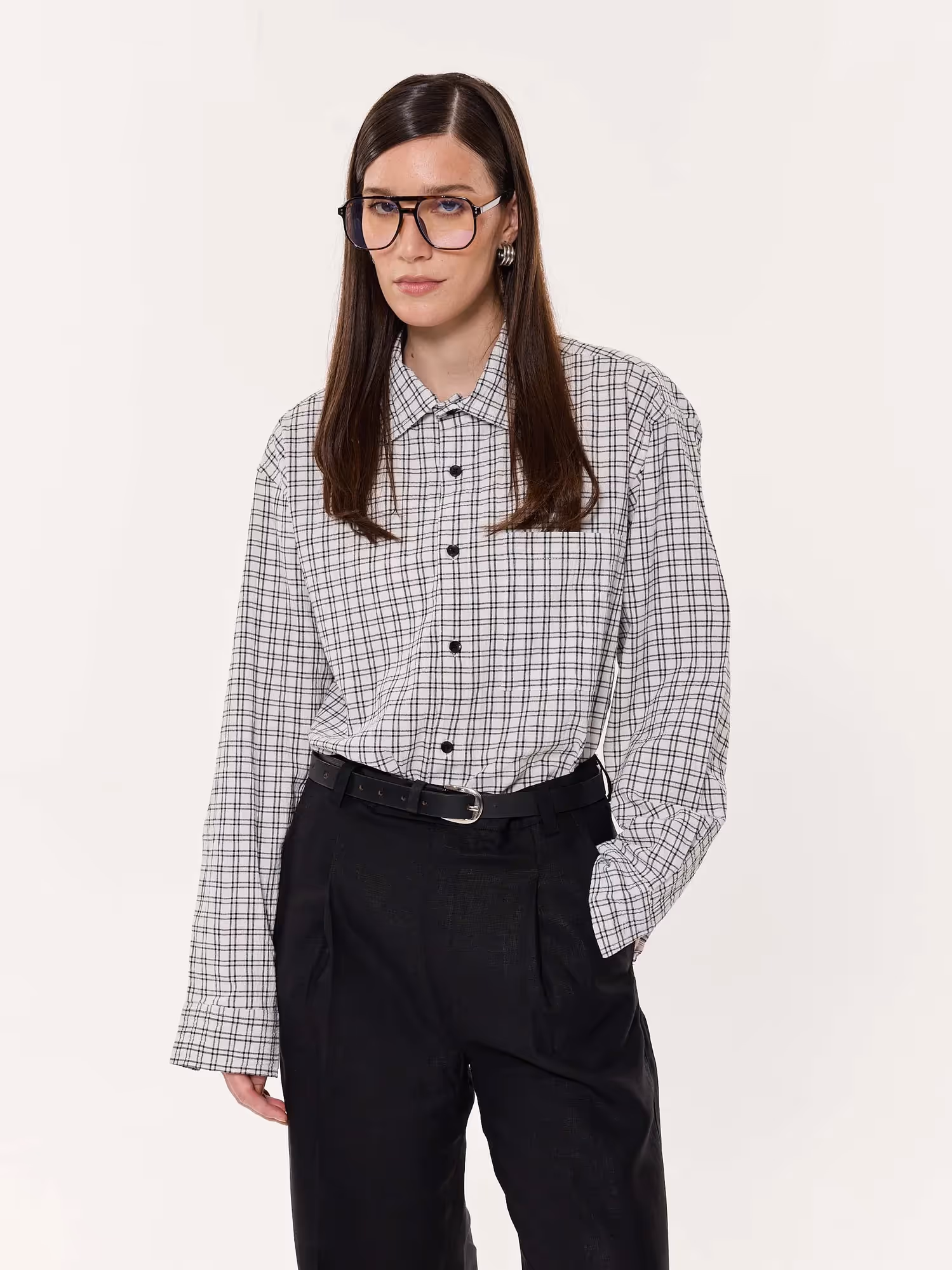 Black & White Seersucker Oversized Cropped Shirt image 4