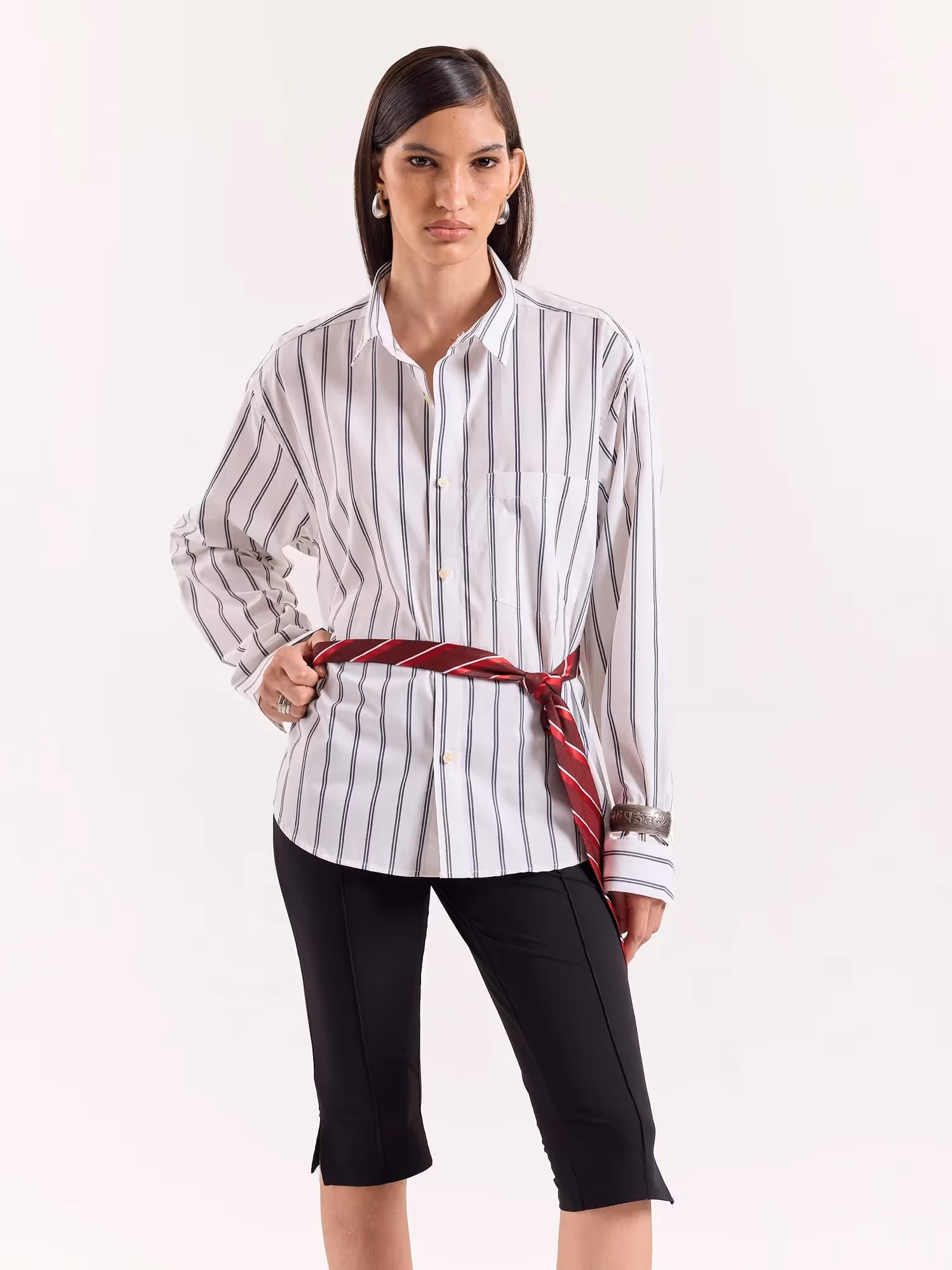 Black & White Striped Cropped Poplin Shirt image 4