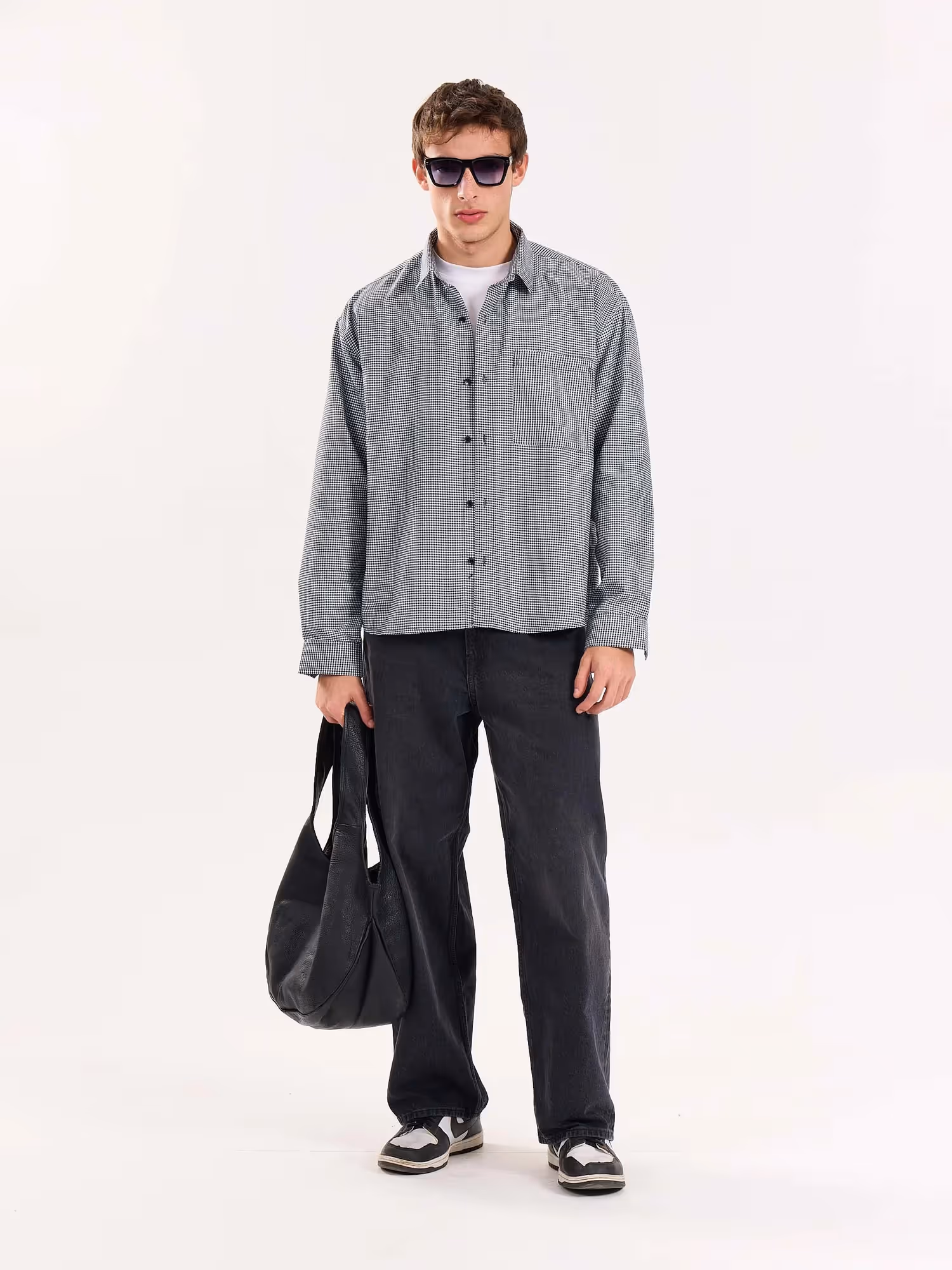 Black Checkered Oversized Cropped Shirt image 1