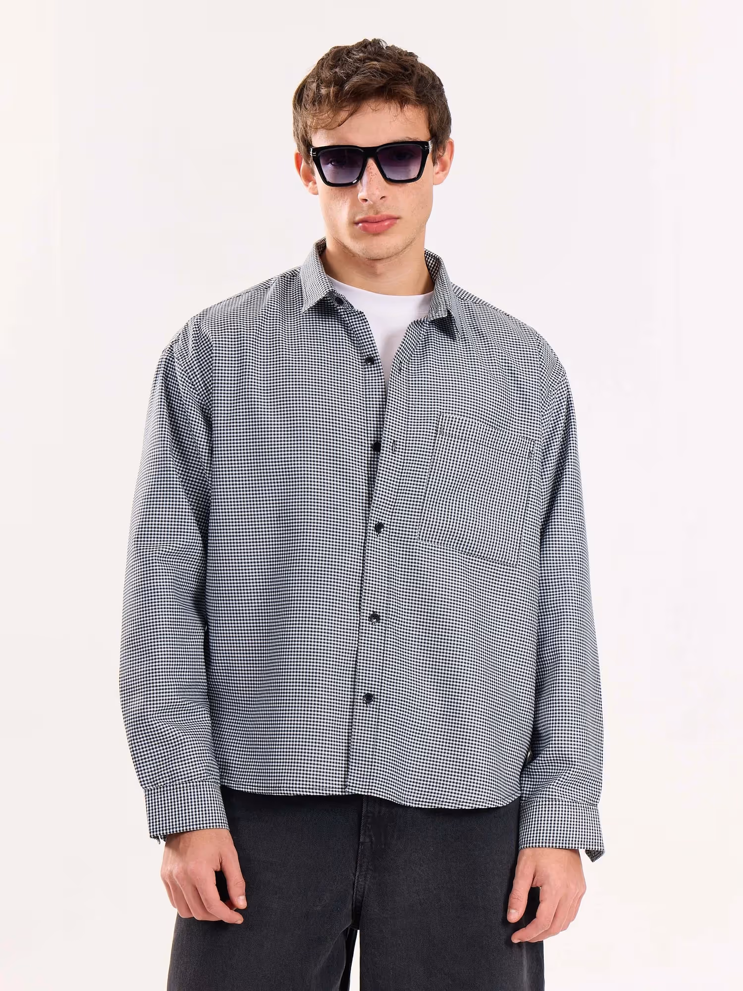 Black Checkered Oversized Cropped Shirt image 2