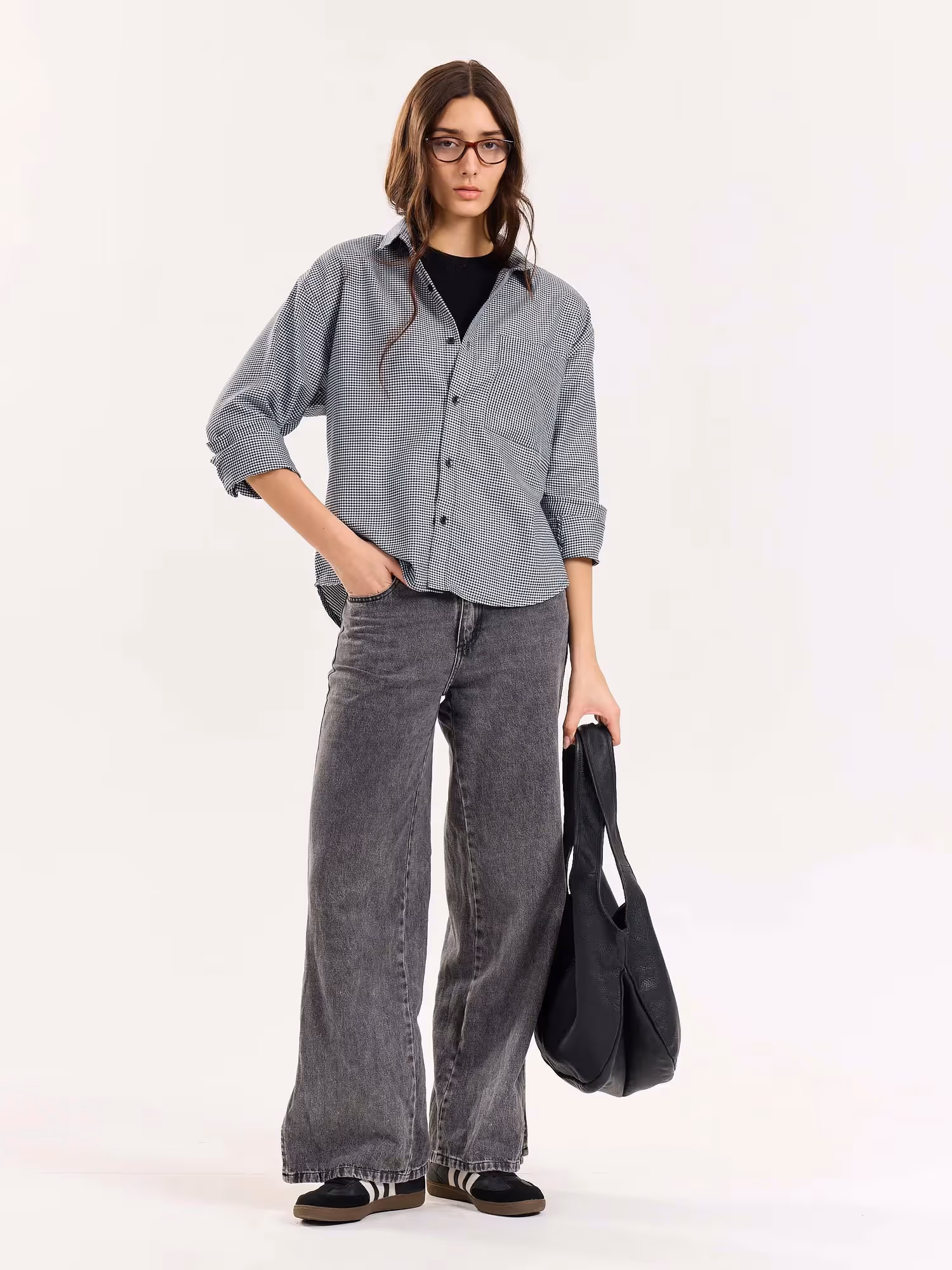 Black Checkered Oversized Cropped Shirt image 3